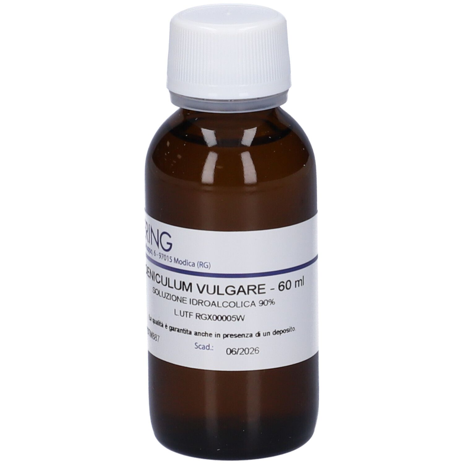 Flacone di vetro marrone con tappo bianco ed etichetta. Scritta: FOENICULUM VULGARE, 60 ml. Marchio HERING.