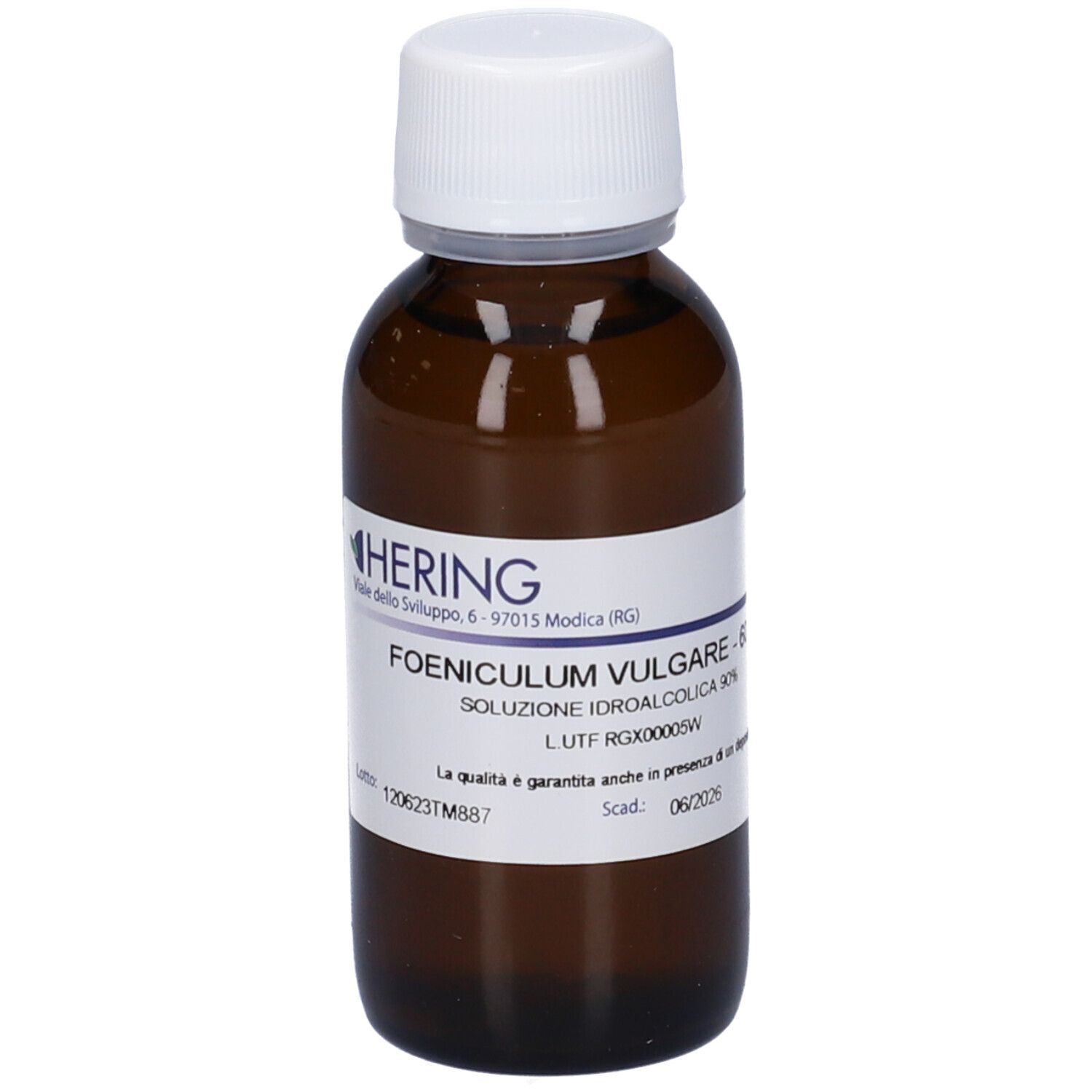 Flacone di vetro marrone con tappo bianco ed etichetta. Scritta: FOENICULUM VULGARE, 60 ml. Marchio HERING.