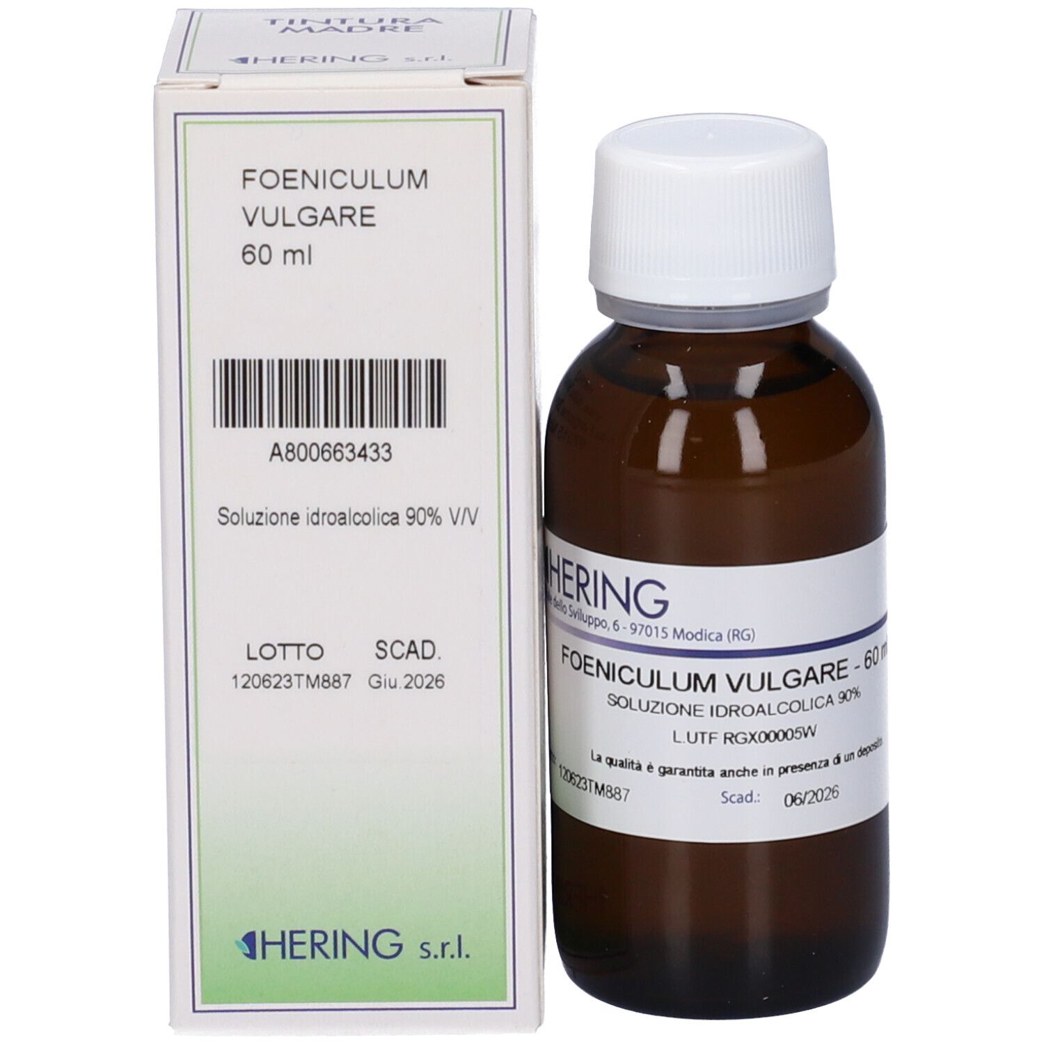 Flacone di vetro marrone con tappo bianco ed etichetta, accanto a scatola. Scritta: FOENICULUM VULGARE, 60 ml. Marchio HERING.