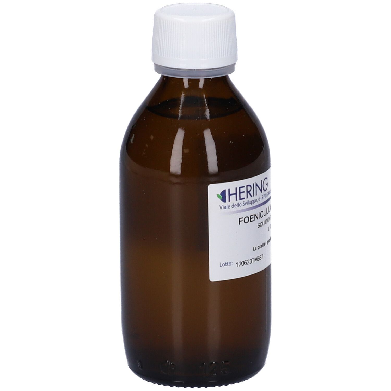 Flacone di vetro marrone con tappo bianco ed etichetta. Scritta: FOENICULUM, HERING. Etichetta con numero di lotto.
