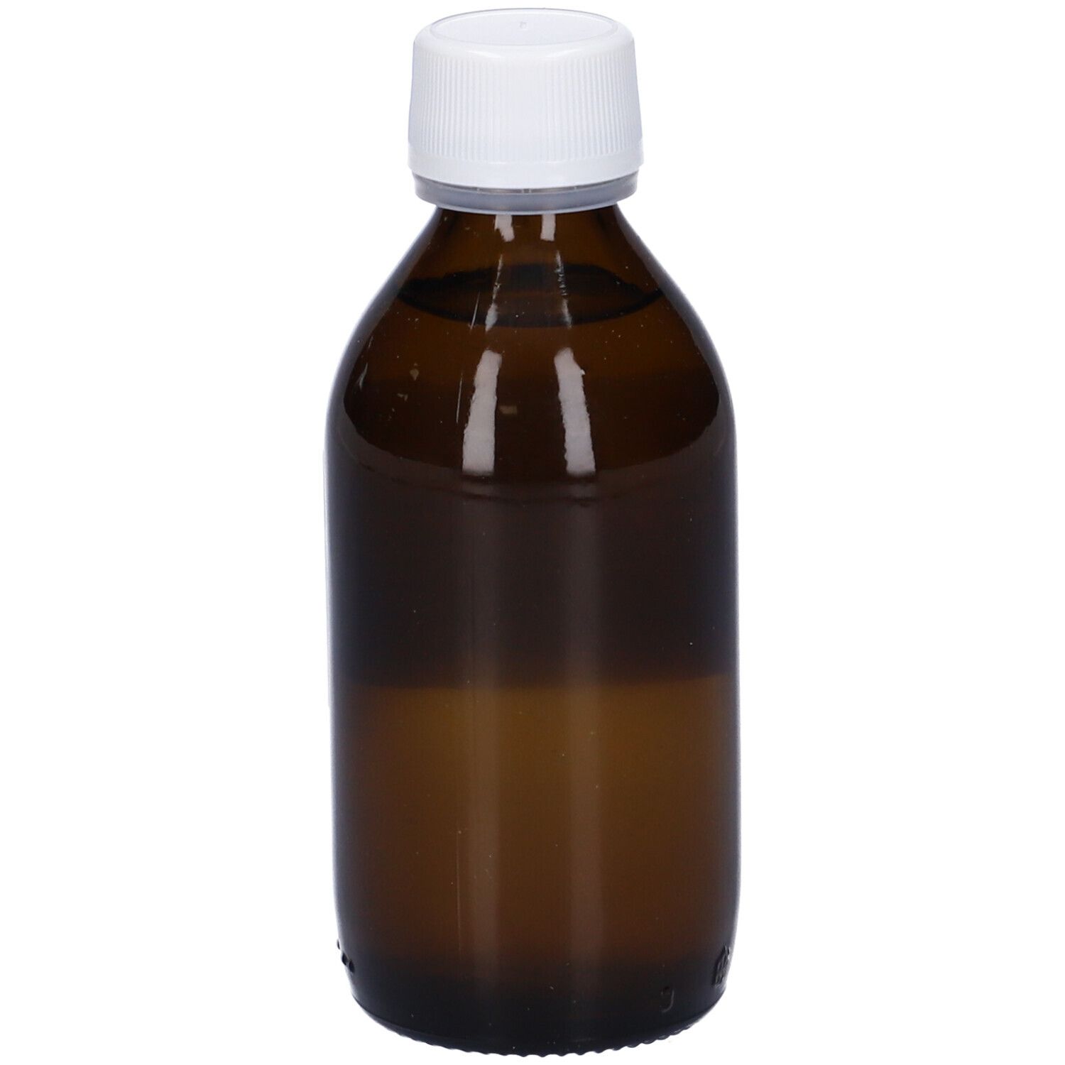 Flacone di vetro marrone con tappo bianco. Liquido visibile. Nessun altro dettaglio.