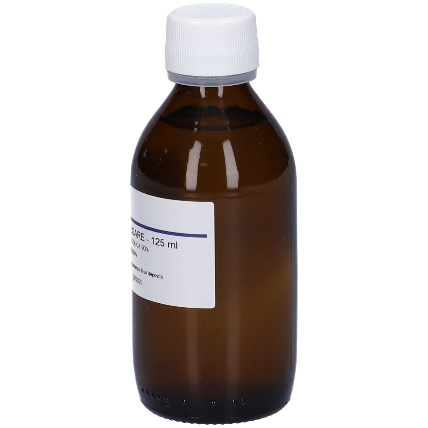 Flacone di vetro marrone con tappo bianco ed etichetta. Scritta: FOENICULUM VULGARE - 125 ml.
