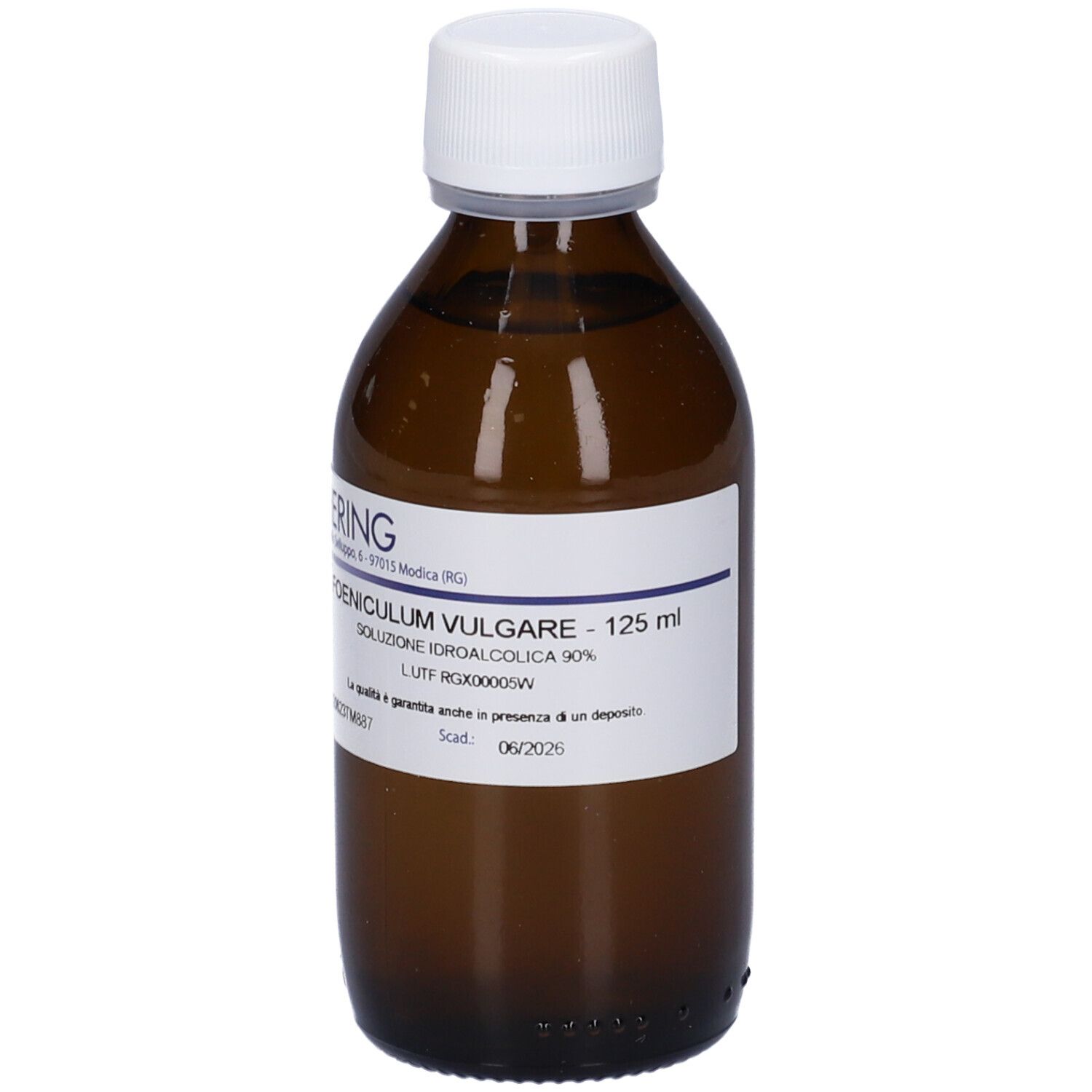 Flacone di vetro marrone con tappo bianco ed etichetta. Scritta: FOENICULUM VULGARE - 125 ml. Scadenza: 06/2026.
