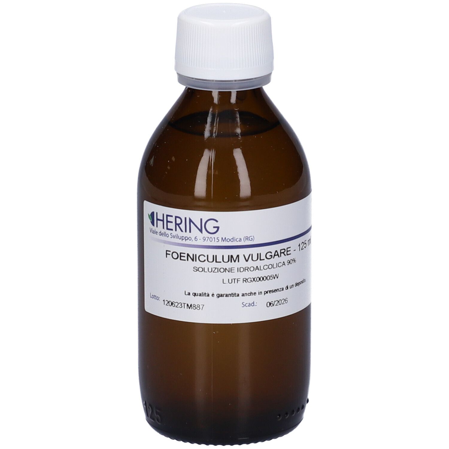 Flacone di vetro marrone con tappo bianco ed etichetta. Scritta: FOENICULUM VULGARE - 125 ml. Numero di lotto.