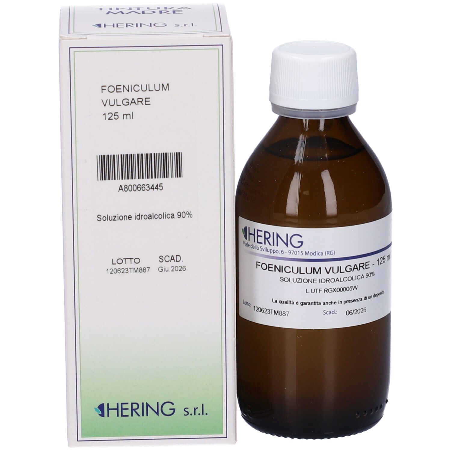 Flacone e confezione del prodotto. Flacone: vetro marrone, tappo bianco, etichetta. Confezione: bianca, testo.