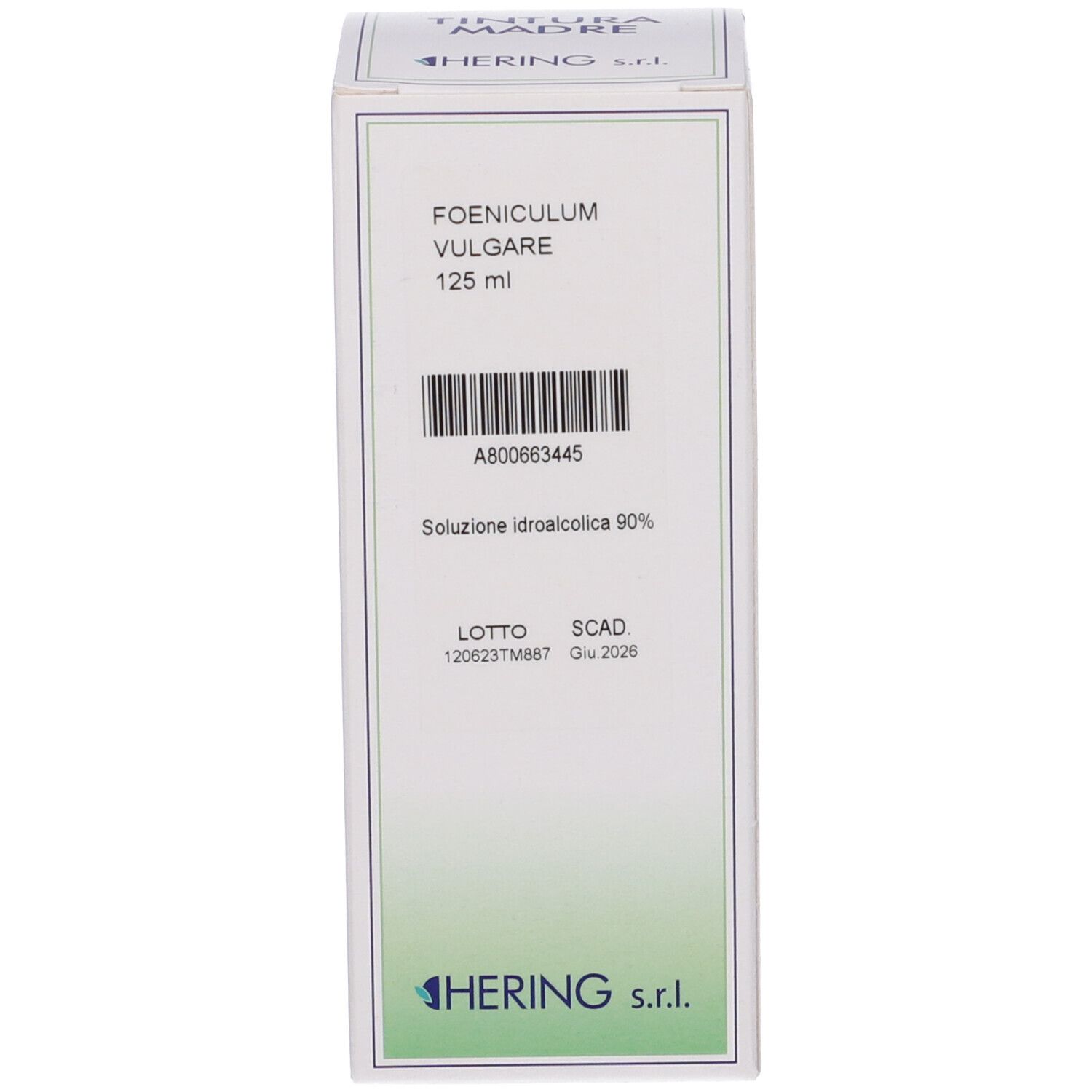Confezione. Bianca, testo: FOENICULUM VULGARE, 125 ml. Codice a barre. Marchio: HERING.
