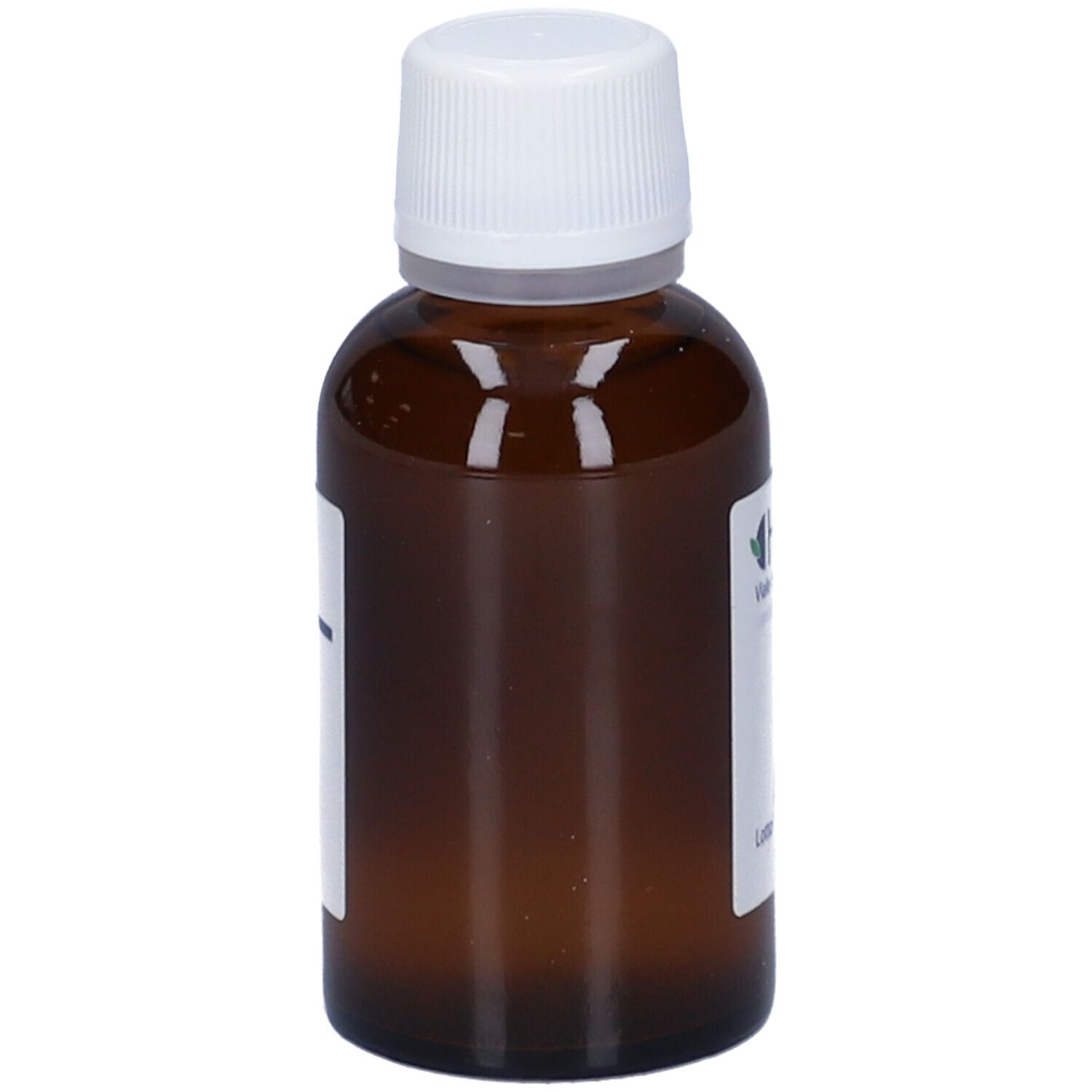 Flacone di vetro marrone con tappo bianco ed etichetta. Etichetta con testo. Nessun altro dettaglio visibile.