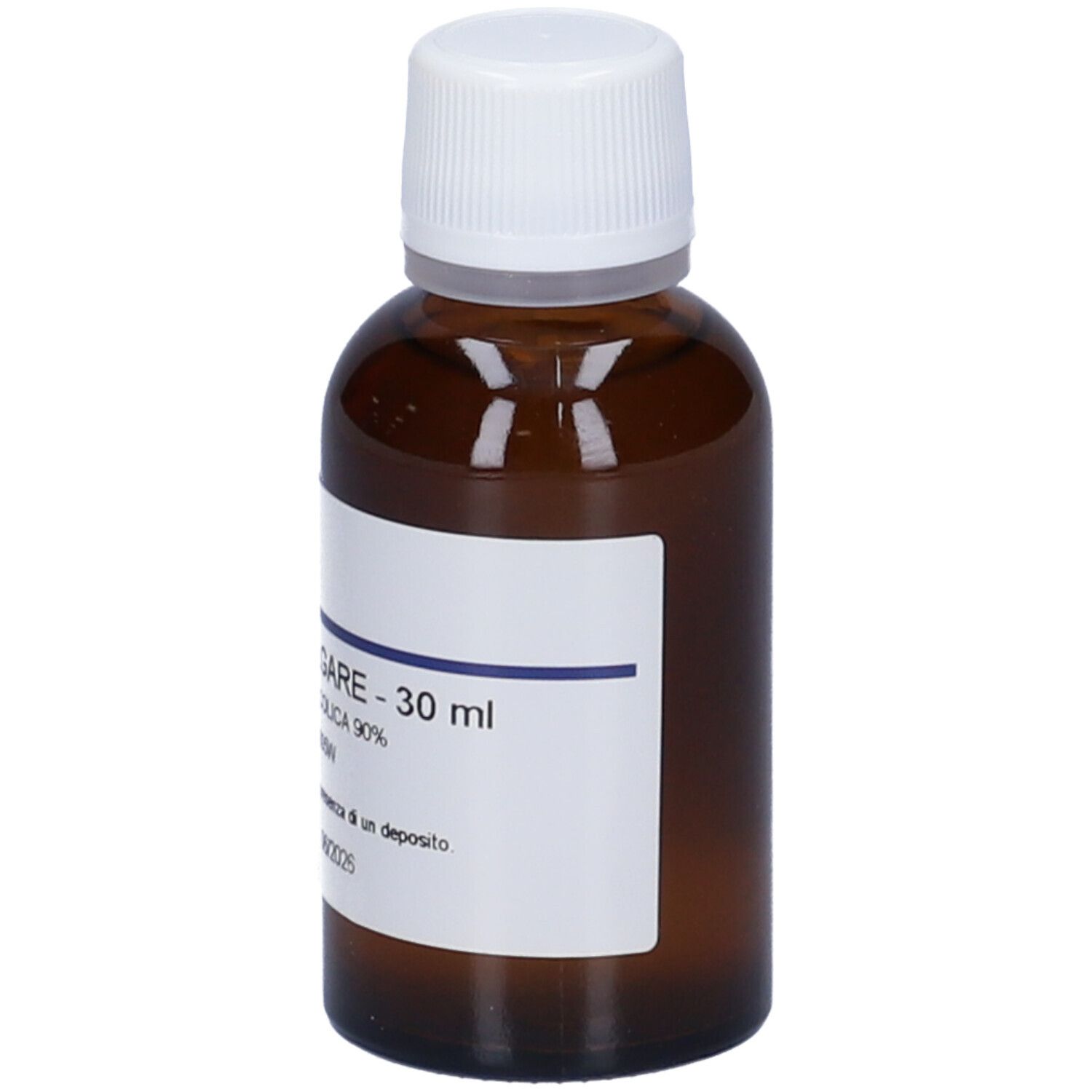 Flacone di vetro marrone con tappo bianco ed etichetta. Scritta: Foeniculum Vulgare - 30 ml. Altri dettagli testuali.