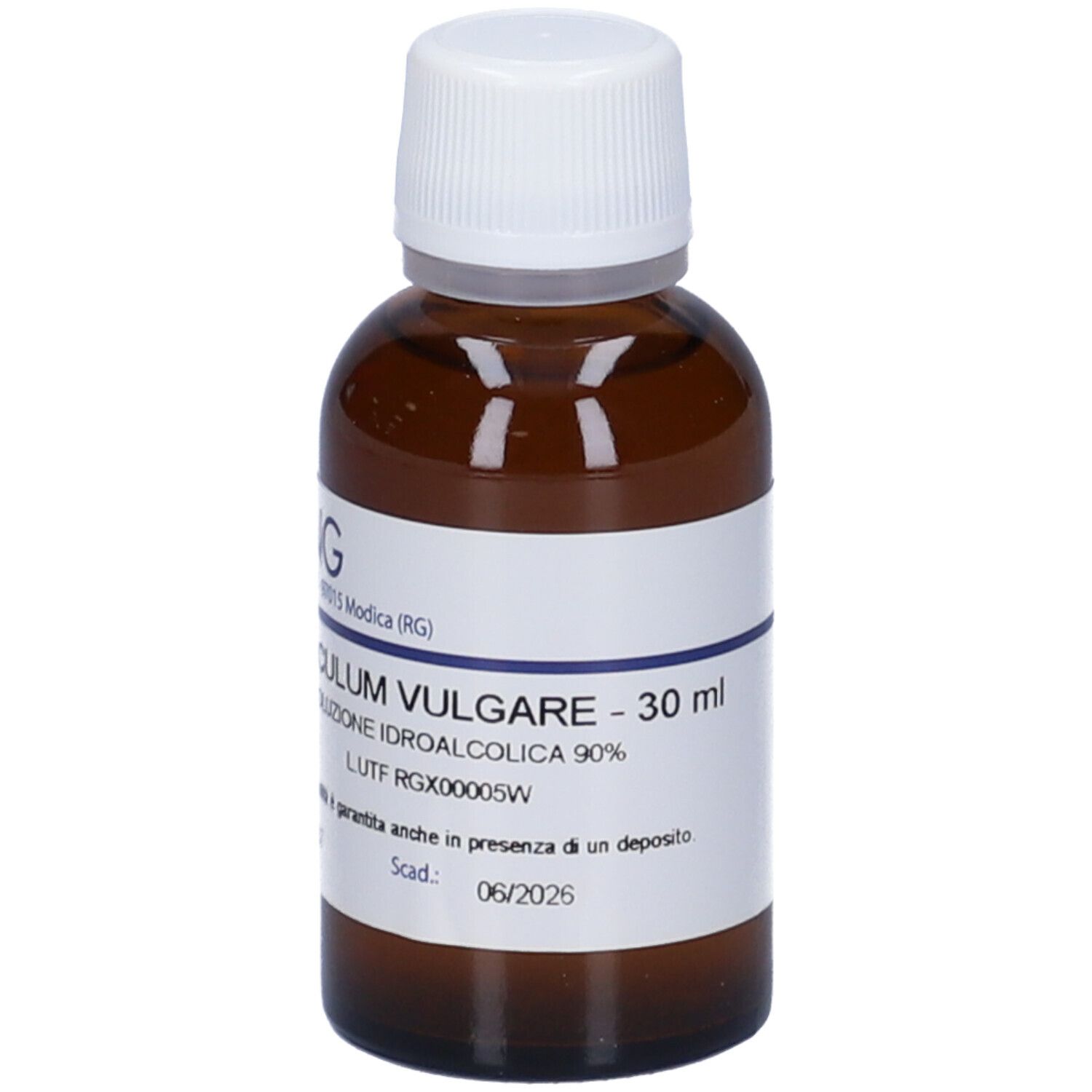 Flacone di vetro marrone con tappo bianco ed etichetta. Scritta: Foeniculum Vulgare - 30 ml. Scadenza: 06/2026.