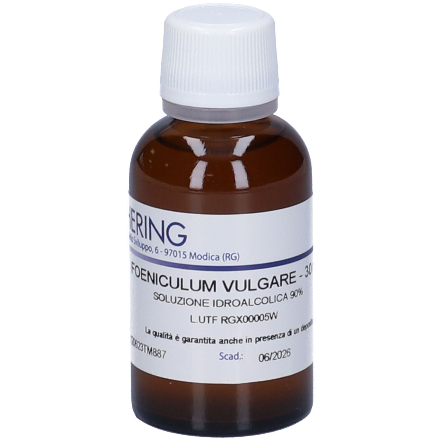 Flacone di vetro marrone con tappo bianco ed etichetta. Scritta: Foeniculum Vulgare - 30 ml. Scadenza: 06/2026.