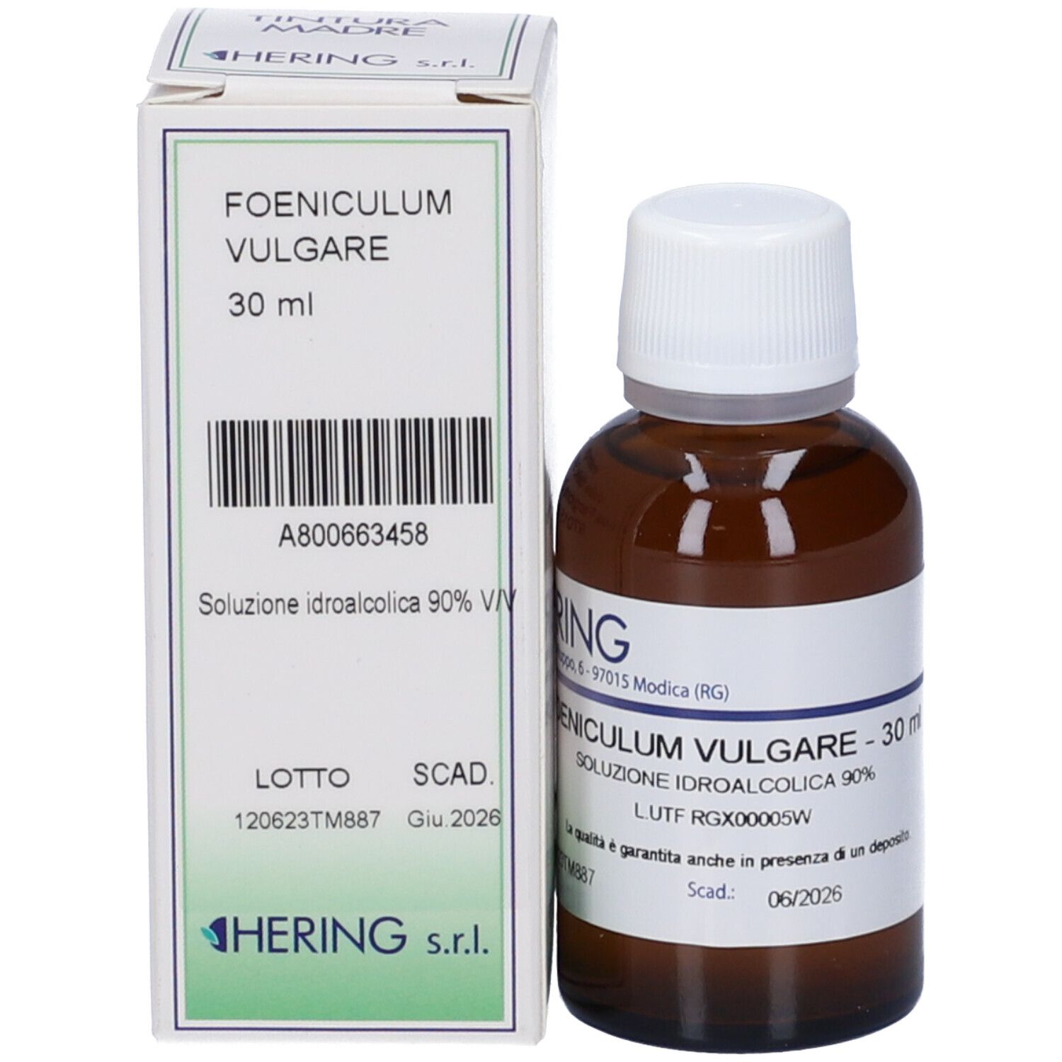 Flacone e confezione del prodotto. Scritta: Foeniculum Vulgare - 30 ml. Logo: Hering. Confezione con testo.