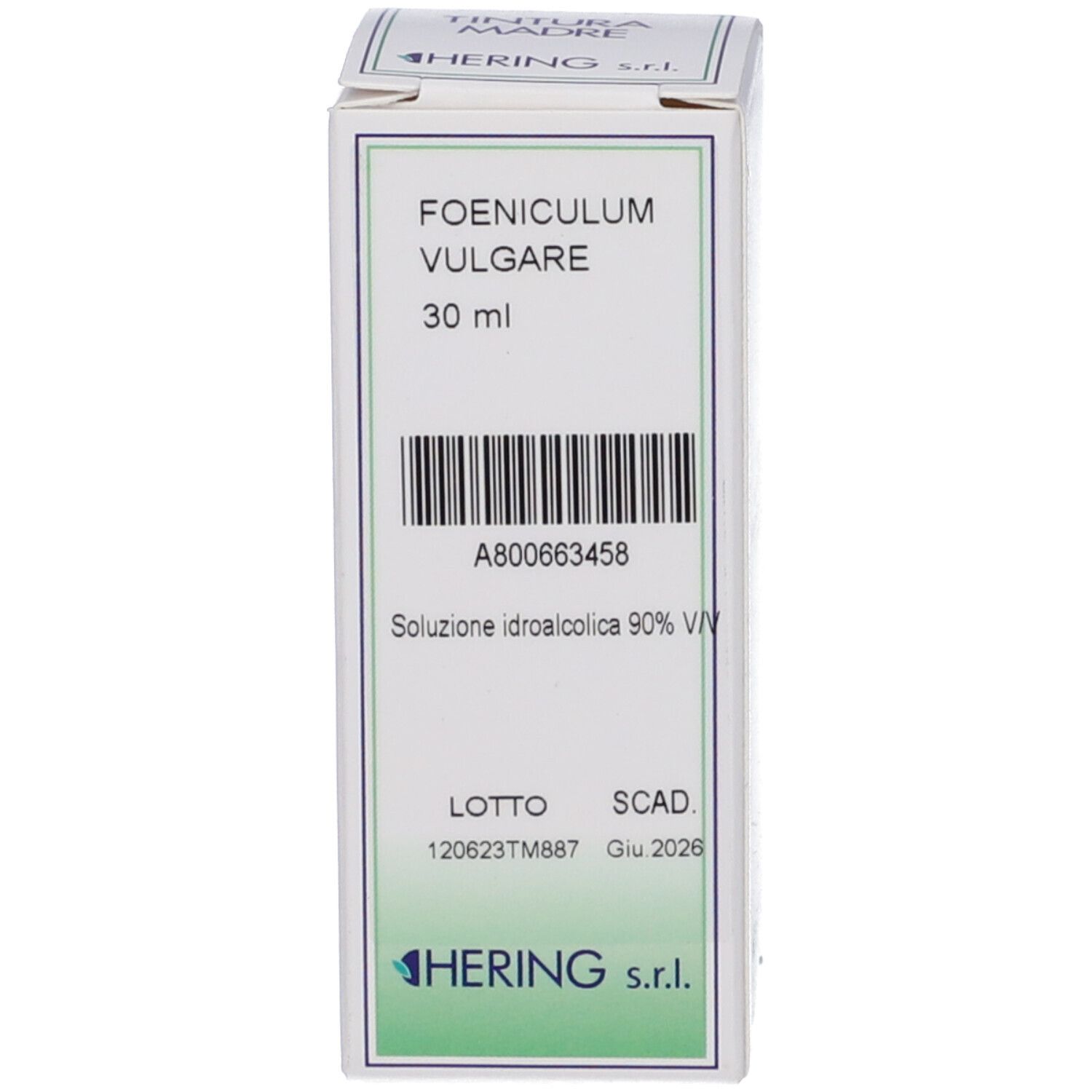 Confezione del prodotto. Scritta: Foeniculum Vulgare - 30 ml. Logo: Hering. Testo e data di scadenza.