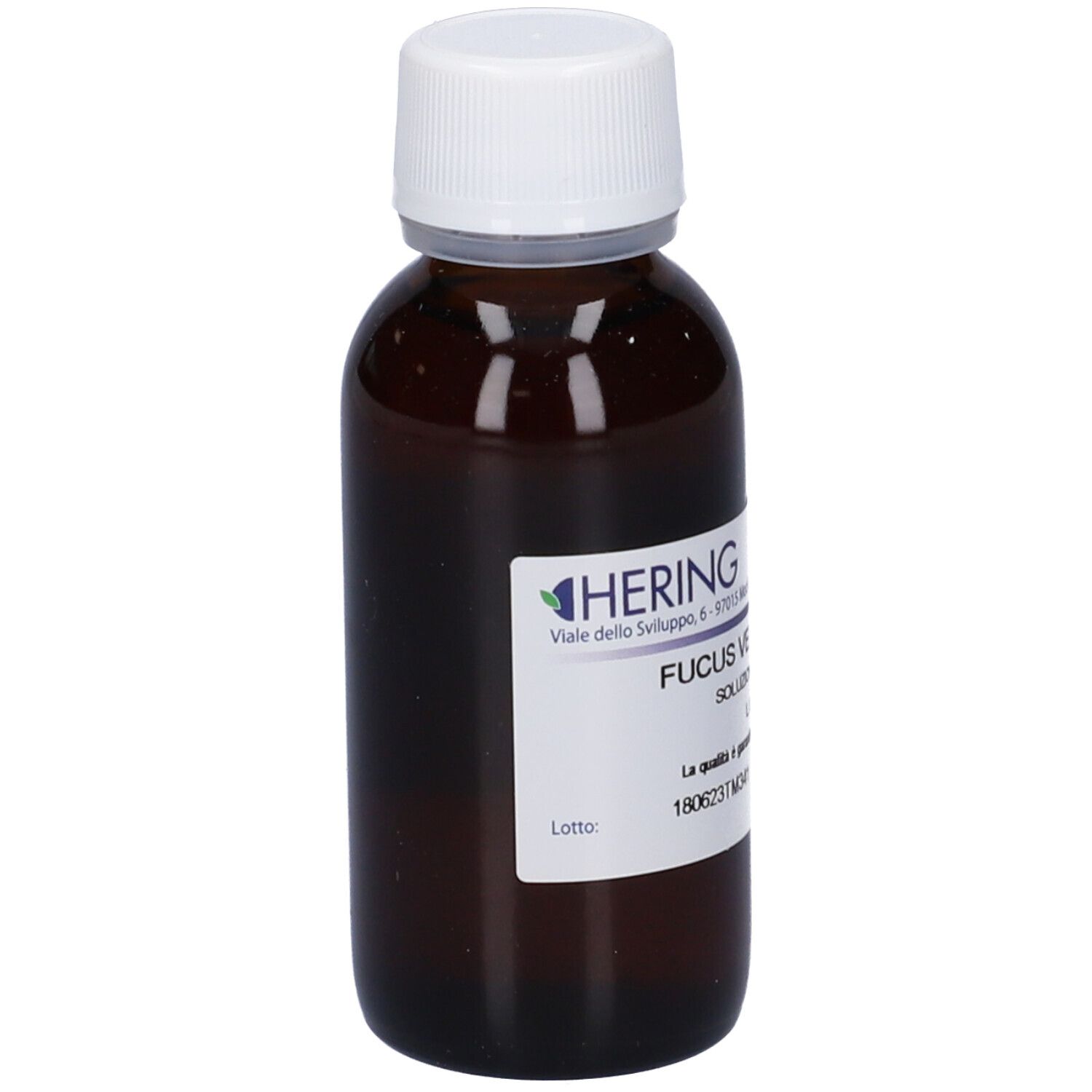 Flacone di vetro marrone con tappo bianco ed etichetta. Scritta: Hering, Fucus Vesiculosus, 60 ml.