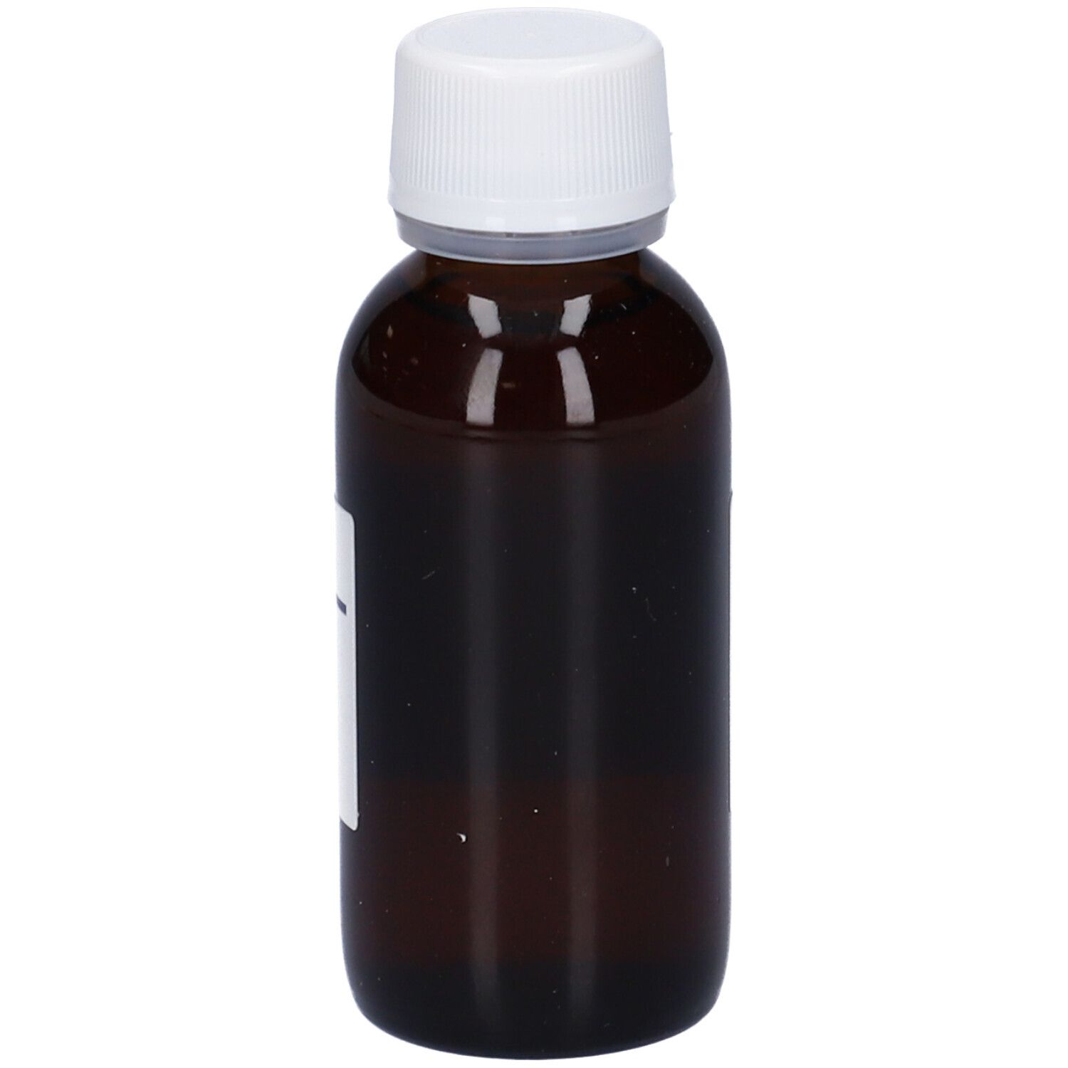 Flacone di vetro marrone con tappo bianco ed etichetta. Scritta illeggibile.