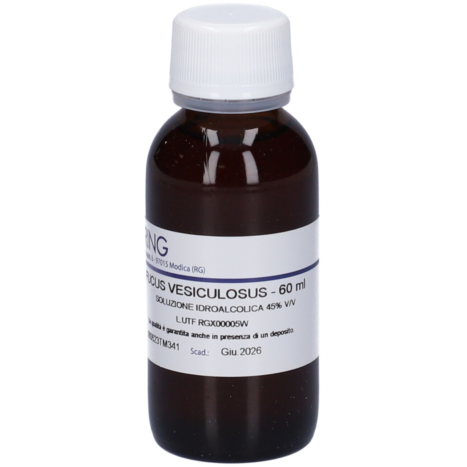 Flacone di vetro marrone con tappo bianco ed etichetta. Scritta: Hering, Fucus Vesiculosus, 60 ml.