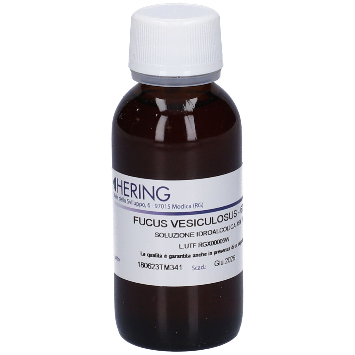 Flacone di vetro marrone con tappo bianco ed etichetta. Scritta: Hering, Fucus Vesiculosus, 60 ml.