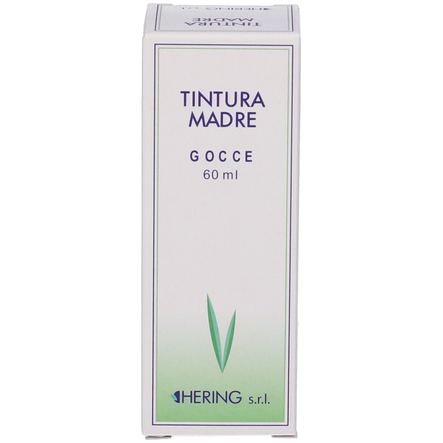 Scatola bianca con grafica verde e testo: Tintura Madre, Gocce, 60 ml. Logo: Hering.