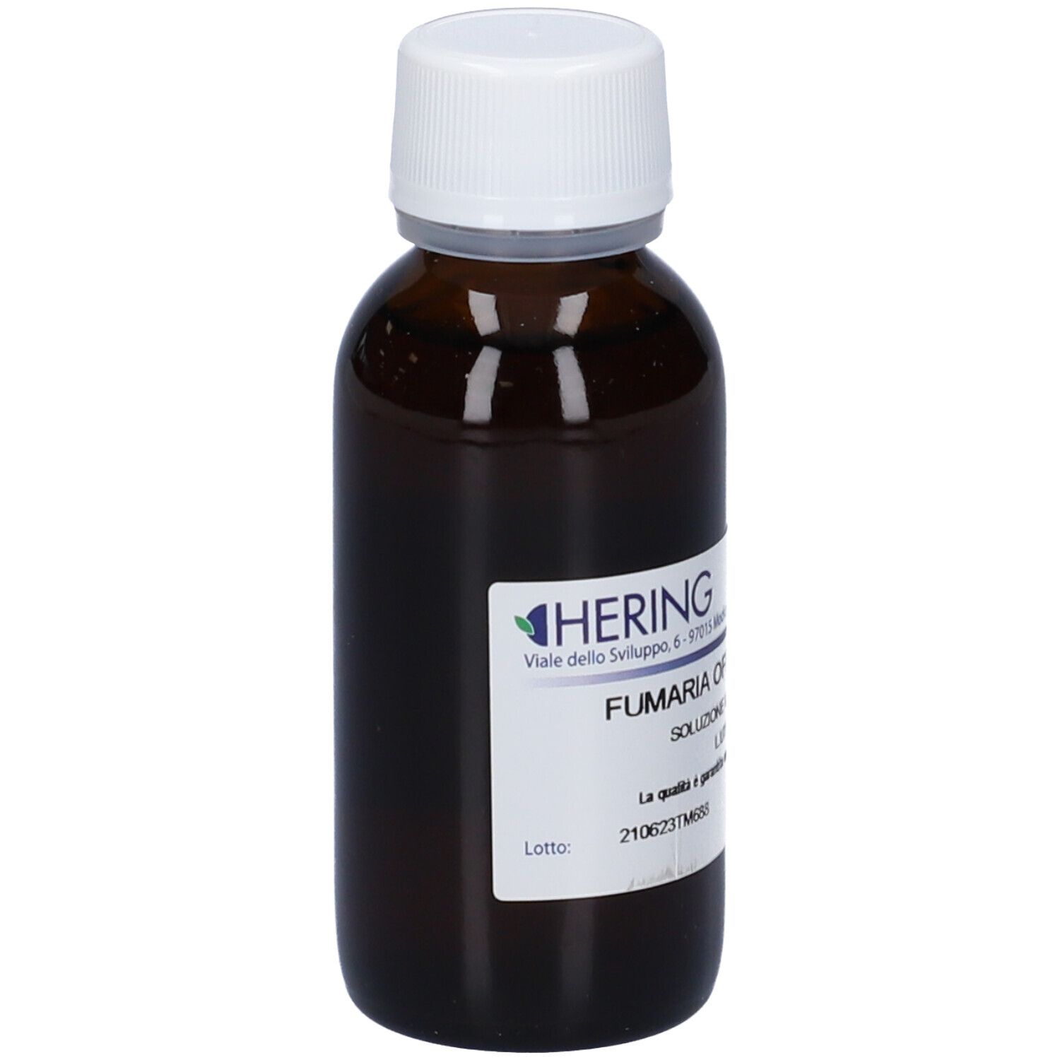 Flacone di vetro marrone con tappo bianco. Etichetta con nome del prodotto e informazioni. Logo HERING.