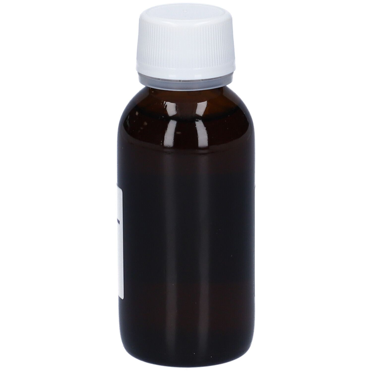 Flacone di vetro marrone con tappo bianco. Etichetta con nome del prodotto e informazioni. Logo HERING.