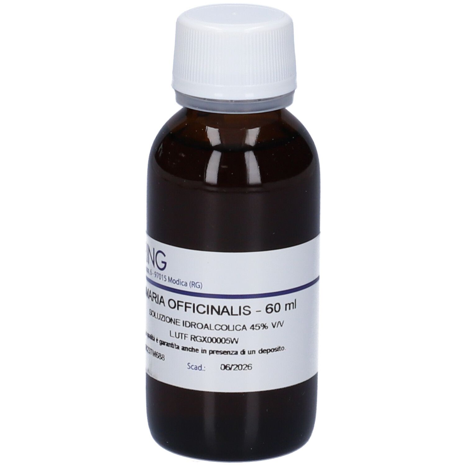 Flacone di vetro marrone con tappo bianco. Etichetta con nome del prodotto e informazioni. Logo HERING.