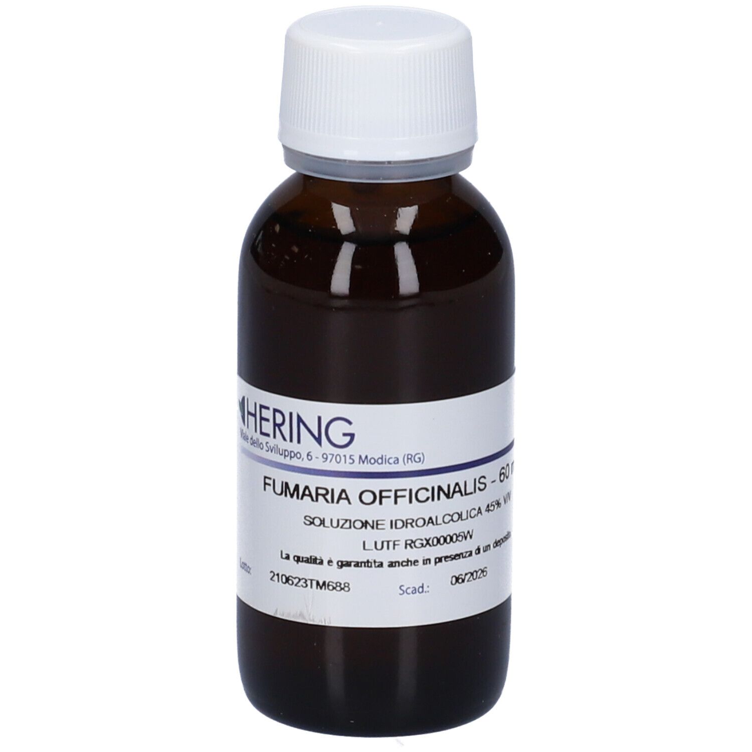 Flacone di vetro marrone con tappo bianco. Etichetta con nome del prodotto e informazioni. Logo HERING.