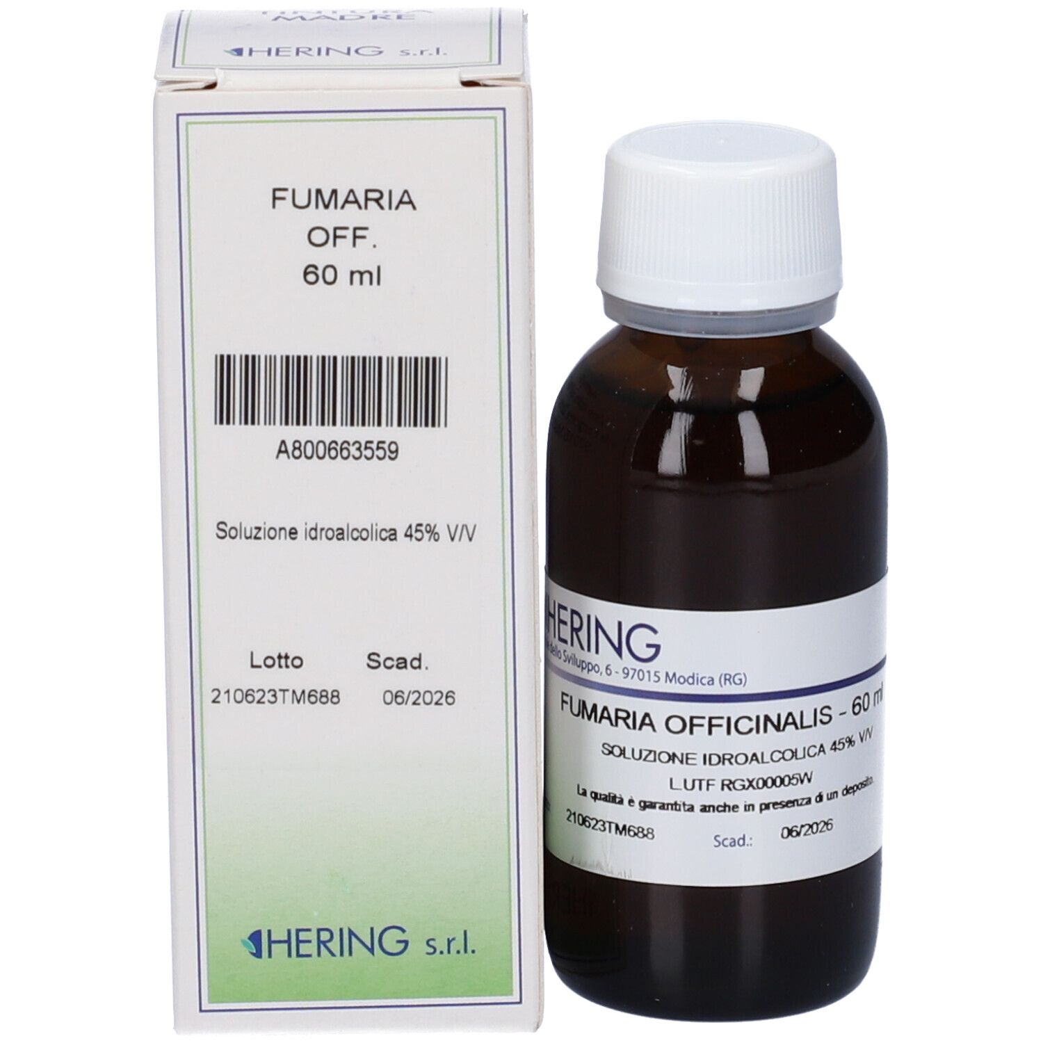 Flacone di vetro marrone con tappo bianco e confezione in cartone. Etichetta con nome del prodotto e informazioni. Logo HERING.