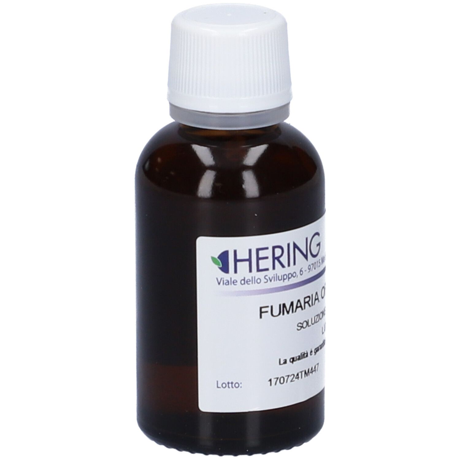 Flacone di vetro marrone con tappo bianco ed etichetta. Scritta: Fumaria Officinalis, soluzione. Produttore: Hering.