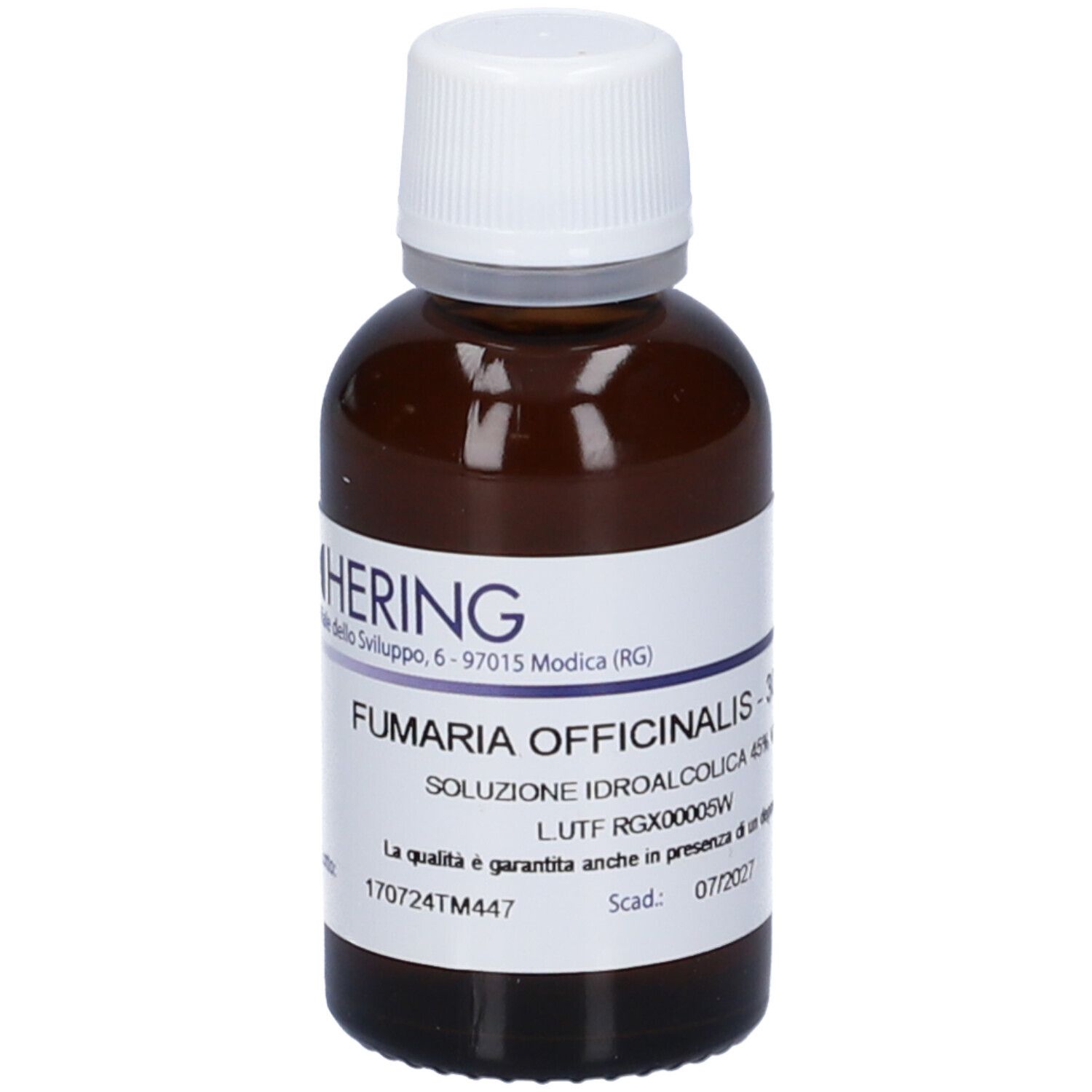 Flacone di vetro marrone con tappo bianco ed etichetta. Scritta: Fumaria Officinalis, 30 ml. Produttore: Hering.