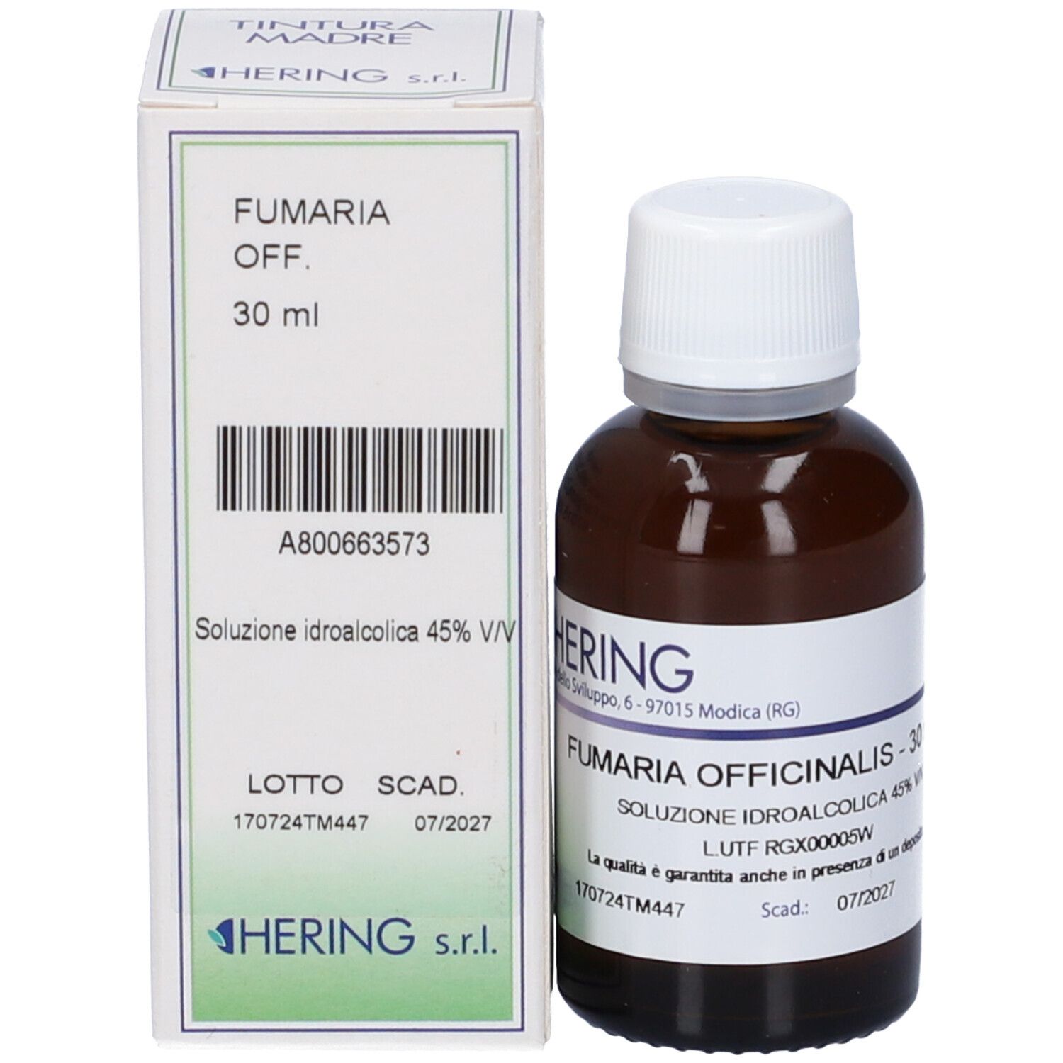 Flacone di vetro marrone con tappo bianco ed etichetta accanto a una scatola bianca. Scritta: Fumaria Officinalis, 30 ml. Produttore: Hering.