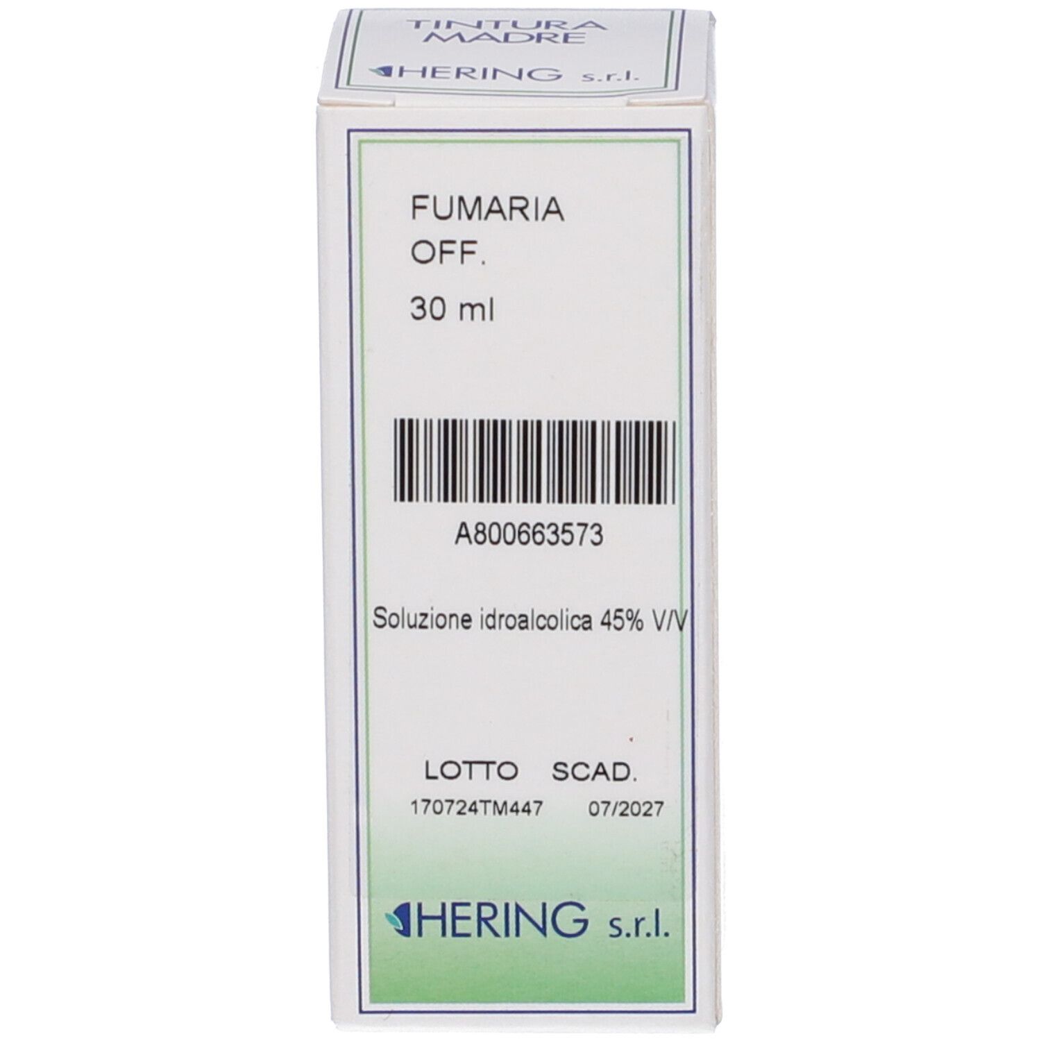 Scatola bianca con testo e codice a barre. Scritta: Fumaria Off., 30 ml. Produttore: Hering.
