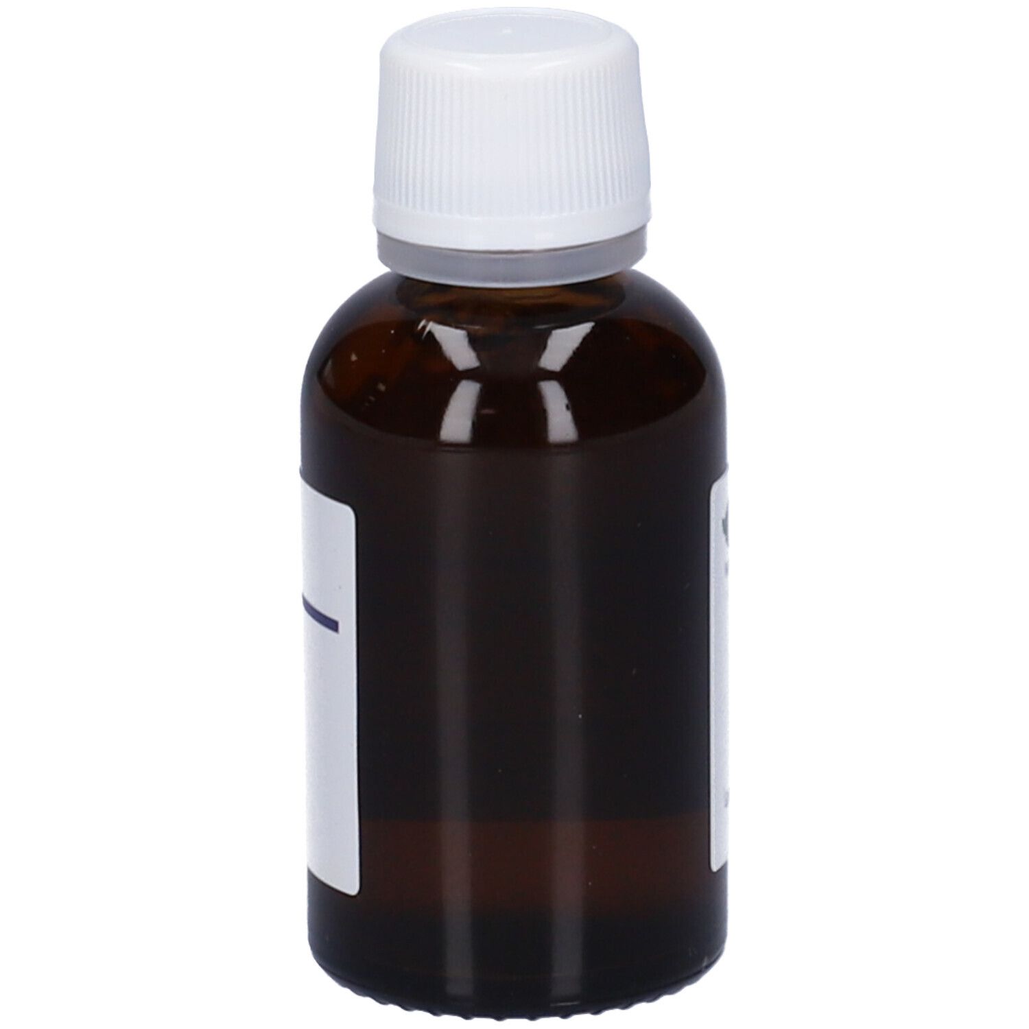 Flacone di vetro marrone con tappo bianco. Etichetta parzialmente visibile.