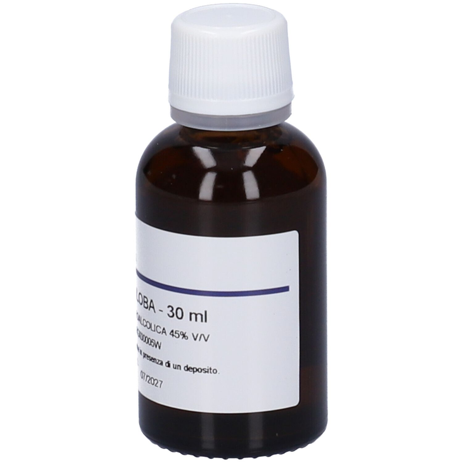 Flacone di vetro marrone con tappo bianco ed etichetta. Scritta: GINKGO BILOBA - 30 ml.