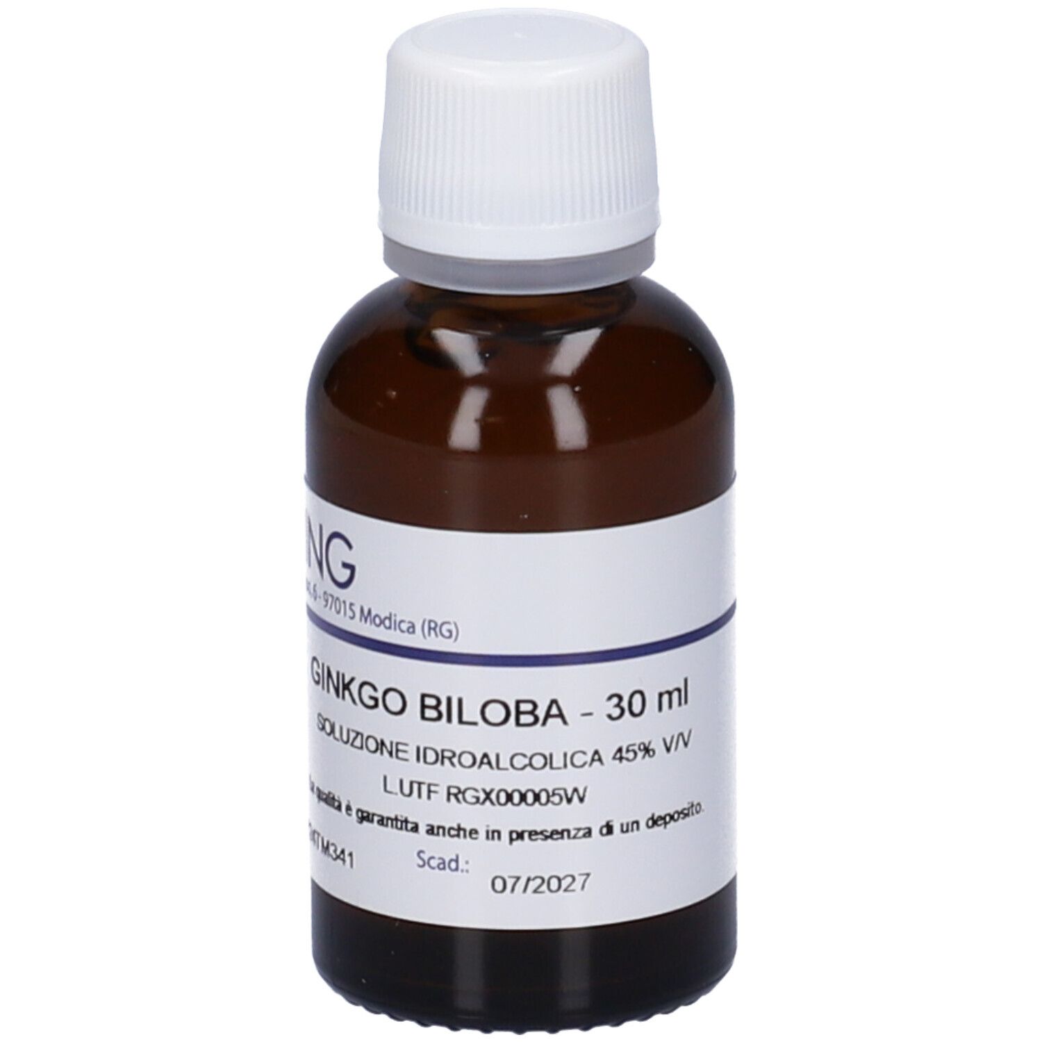 Flacone di vetro marrone con tappo bianco ed etichetta. Scritta: GINKGO BILOBA - 30 ml, HERING.