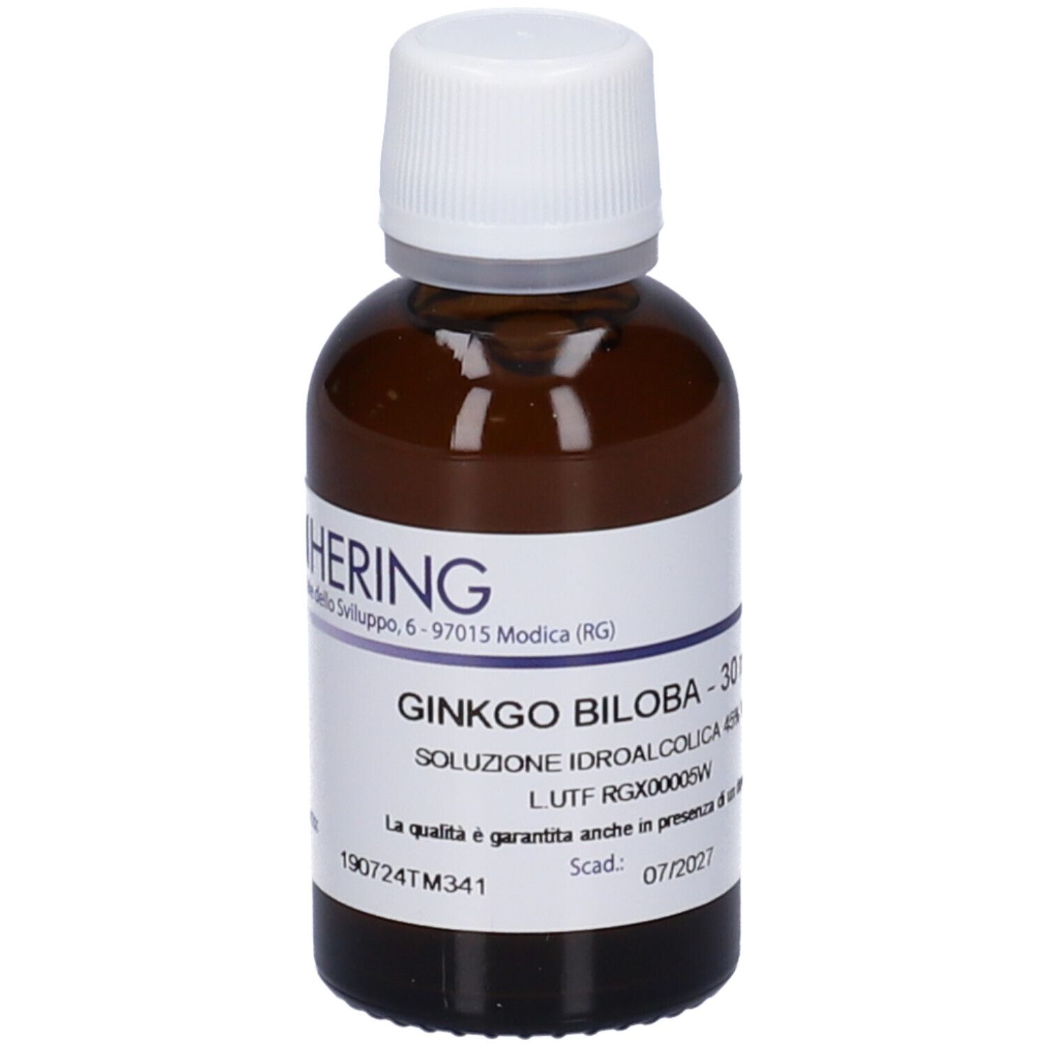 Flacone di vetro marrone con tappo bianco ed etichetta. Scritta: GINKGO BILOBA - 30 ml, HERING.