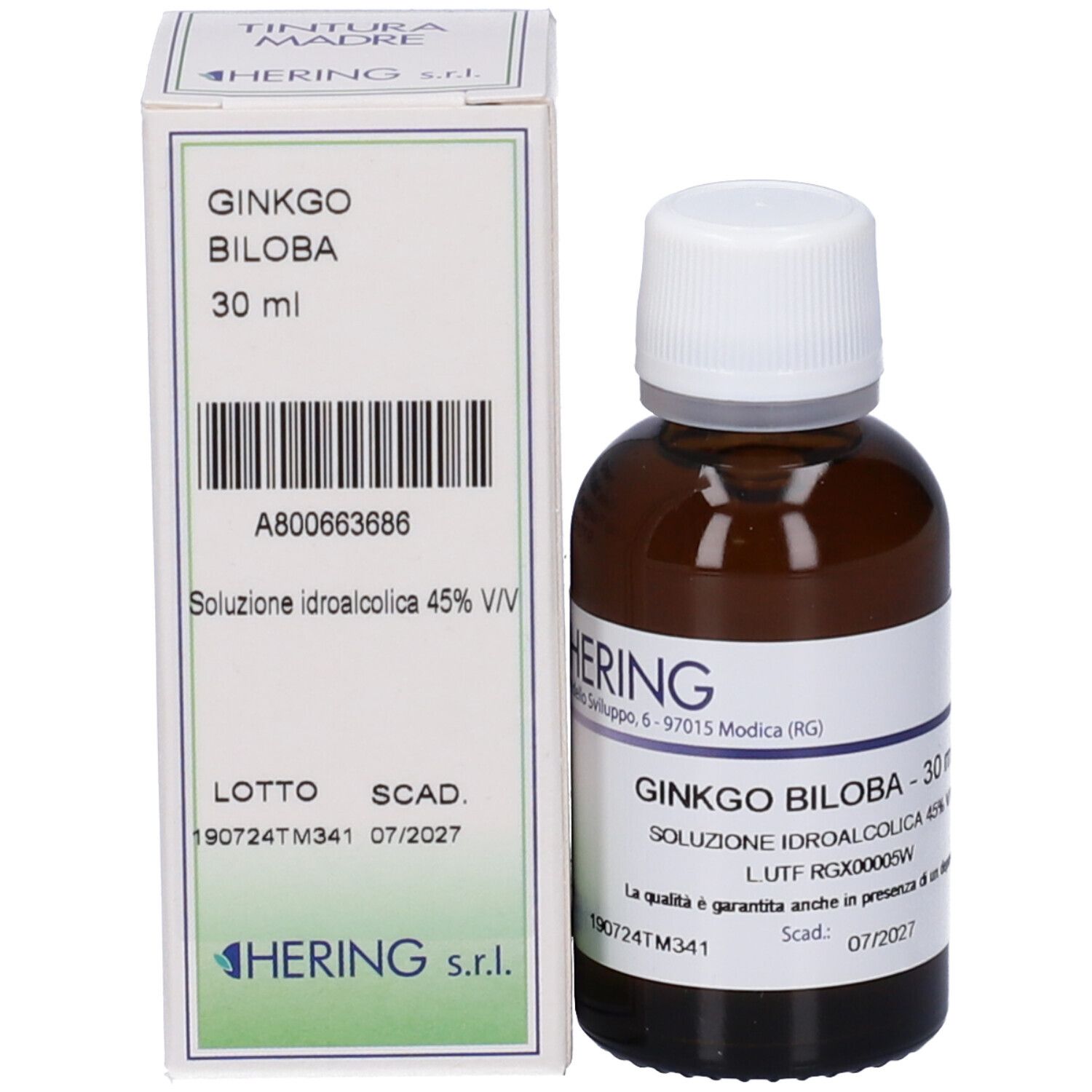 Flacone di vetro marrone con tappo bianco e scatola. Scritta: GINKGO BILOBA, 30 ml, HERING.