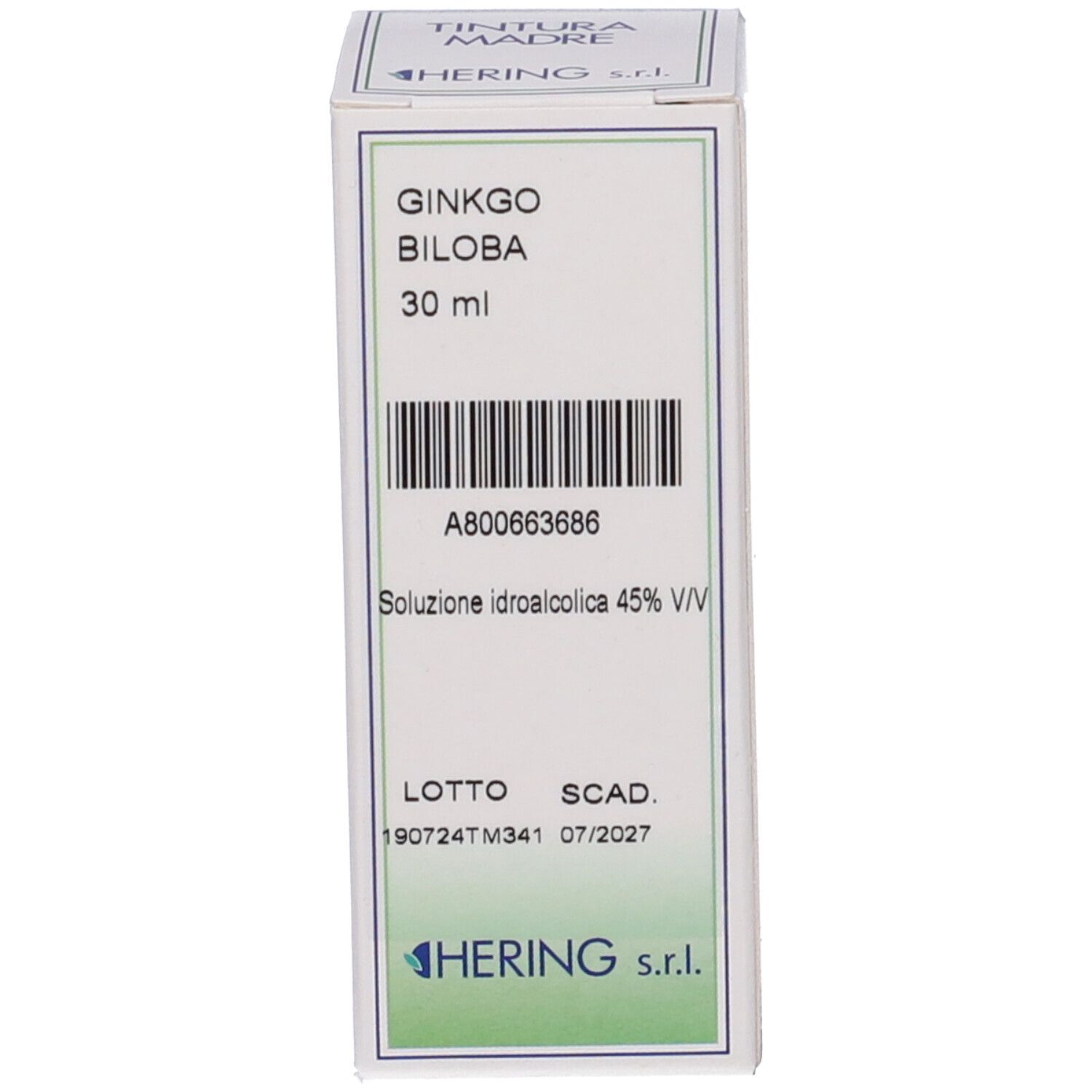 Scatola con scritta: GINKGO BILOBA, 30 ml, HERING.