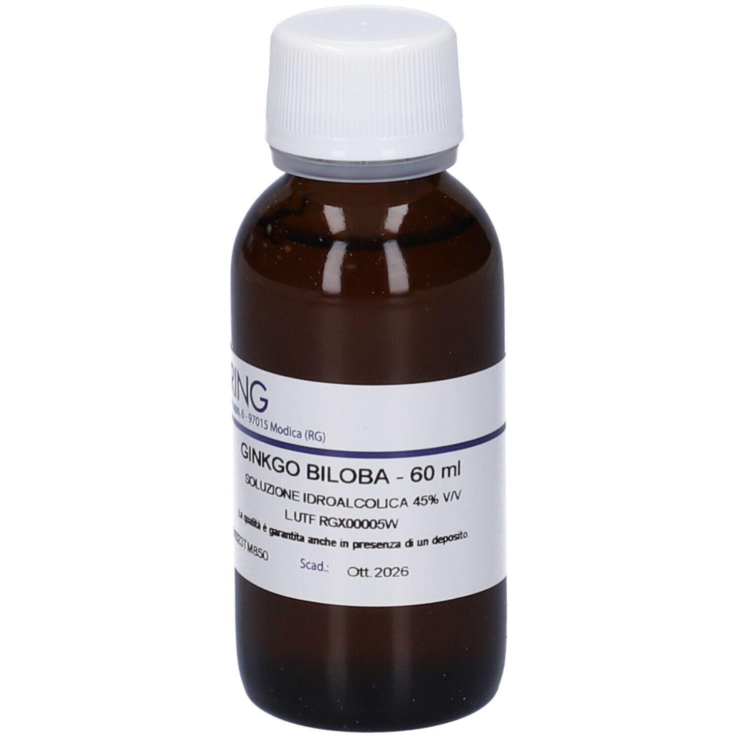 Flacone di vetro marrone con tappo bianco. Etichetta con testo: Ginkgo Biloba - 60 ml, Soluzione Idroalcolica 45% V/V. Con data di scadenza.