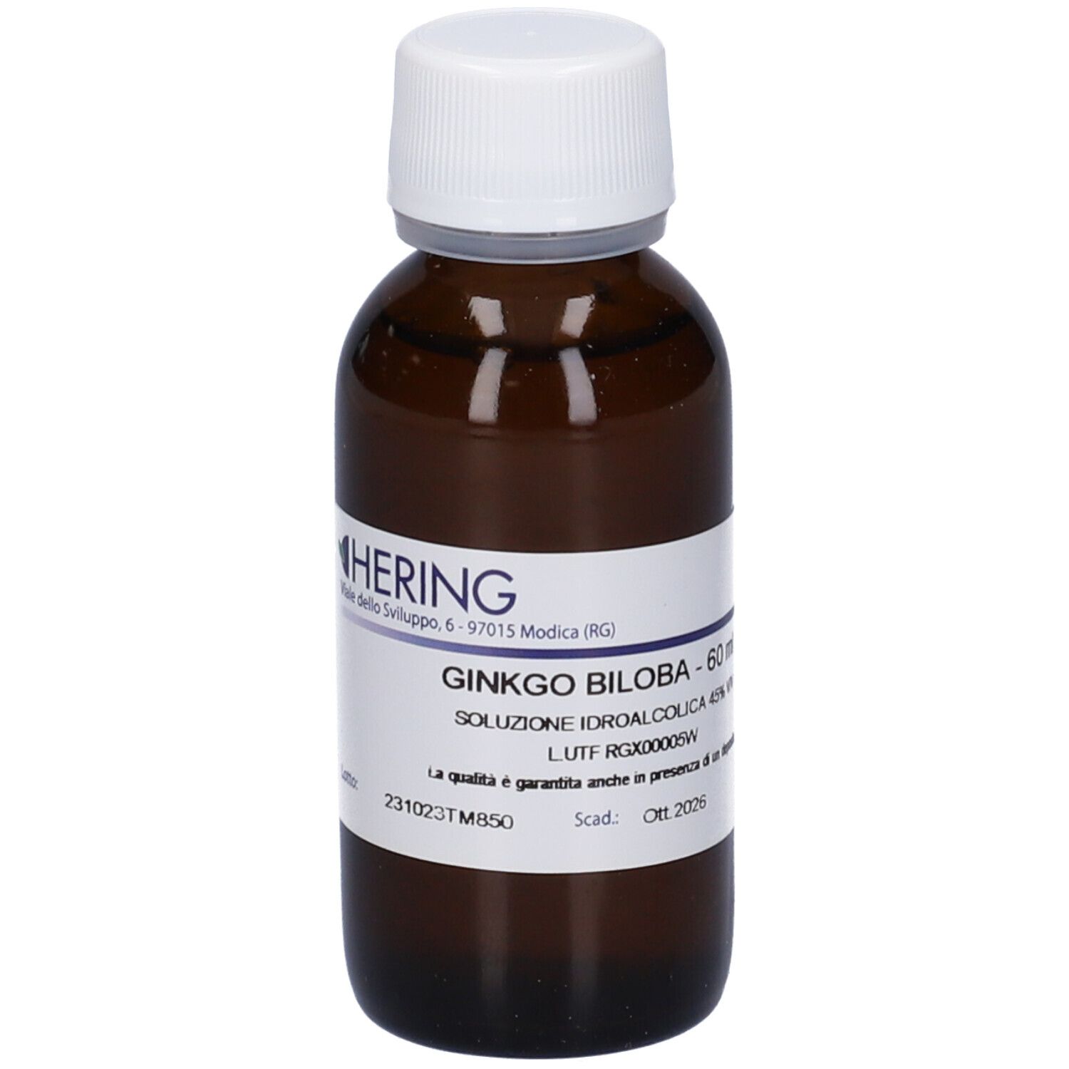 Flacone di vetro marrone con tappo bianco. Etichetta con testo: Ginkgo Biloba - 60 ml, Soluzione Idroalcolica 45% V/V. Con data di scadenza.