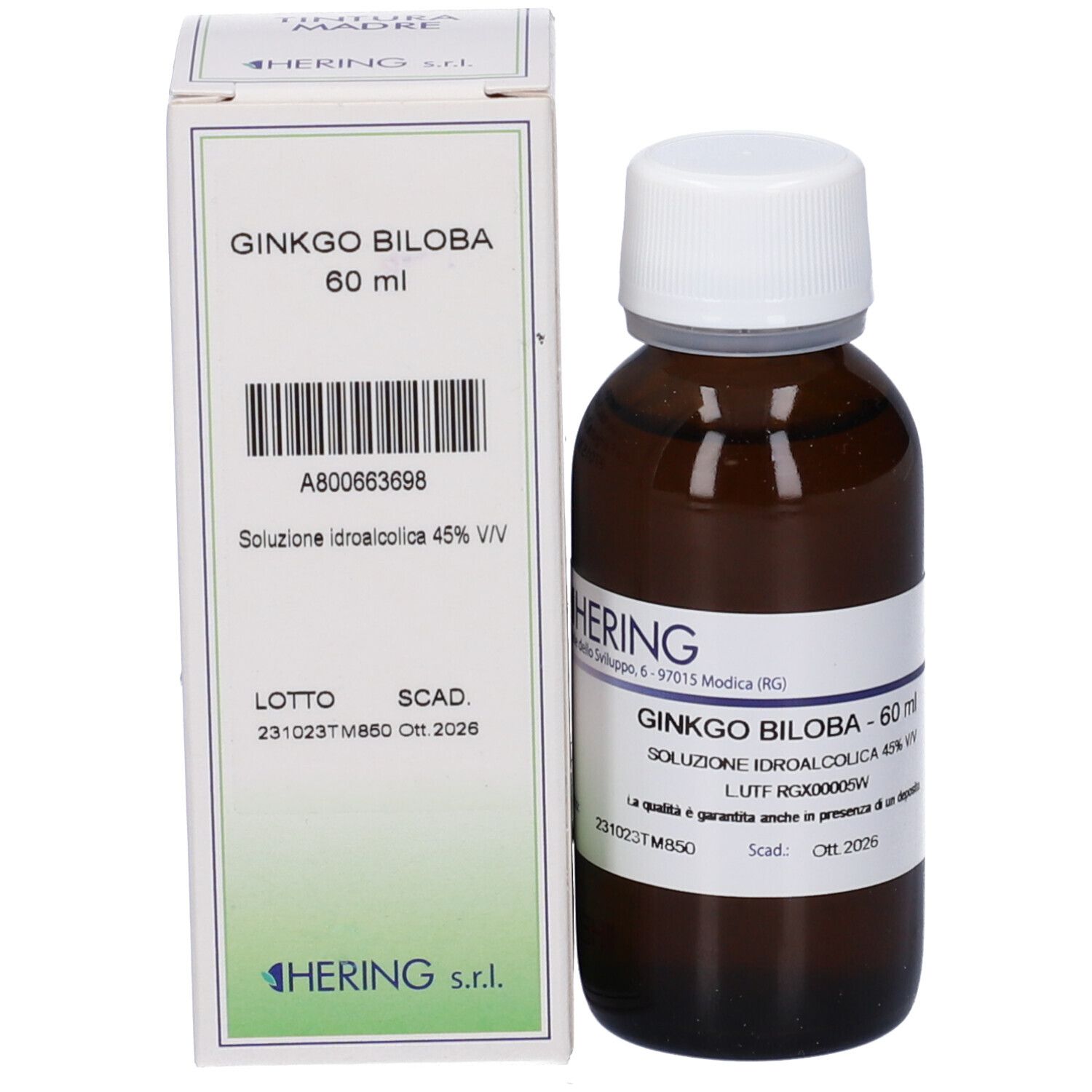 Flacone di vetro marrone e scatola. Scatola con testo: Ginkgo Biloba 60 ml. Flacone con etichetta: HERING, Ginkgo Biloba.
