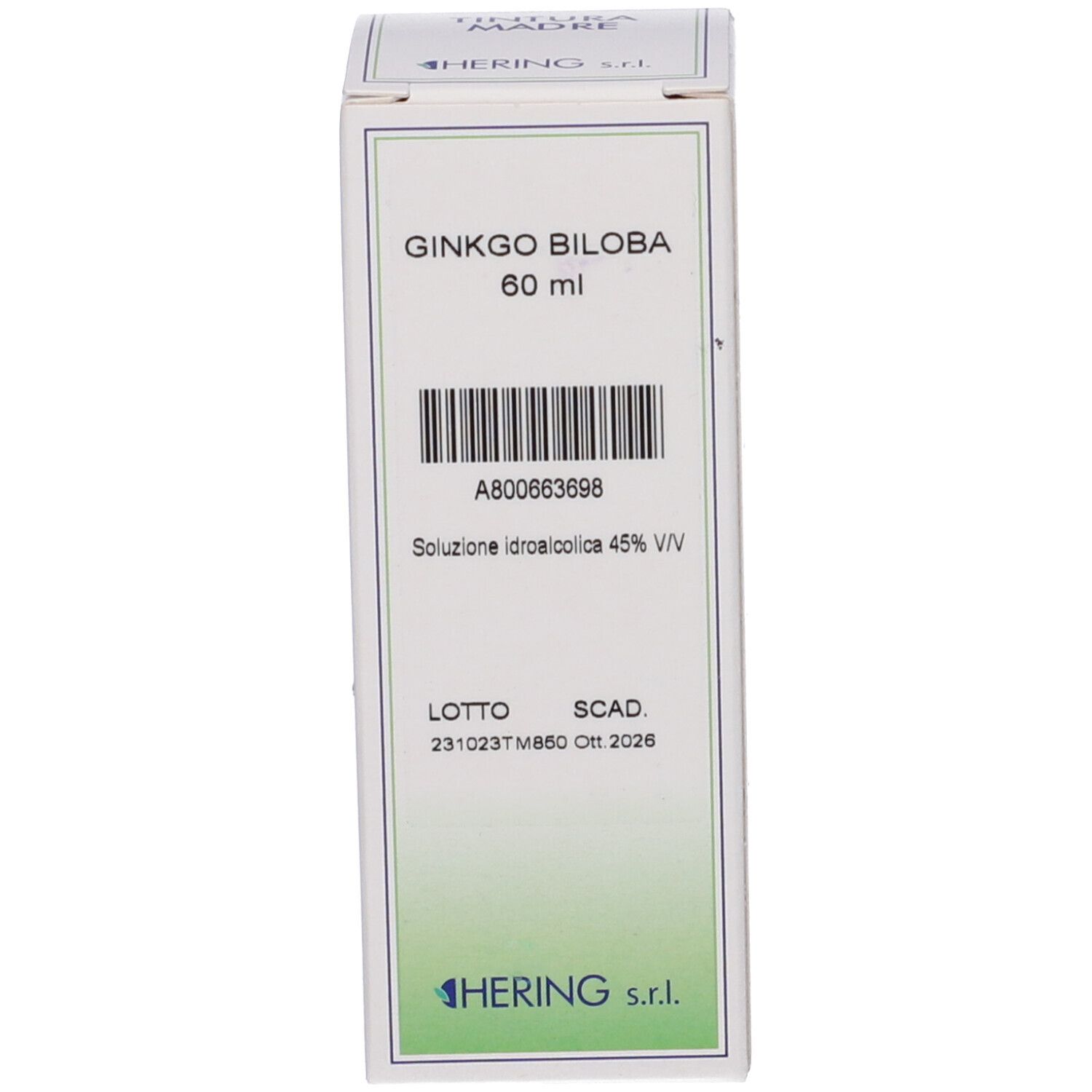 Scatola con testo: Ginkgo Biloba 60 ml. Con codice a barre e dati di produzione. Marchio HERING.