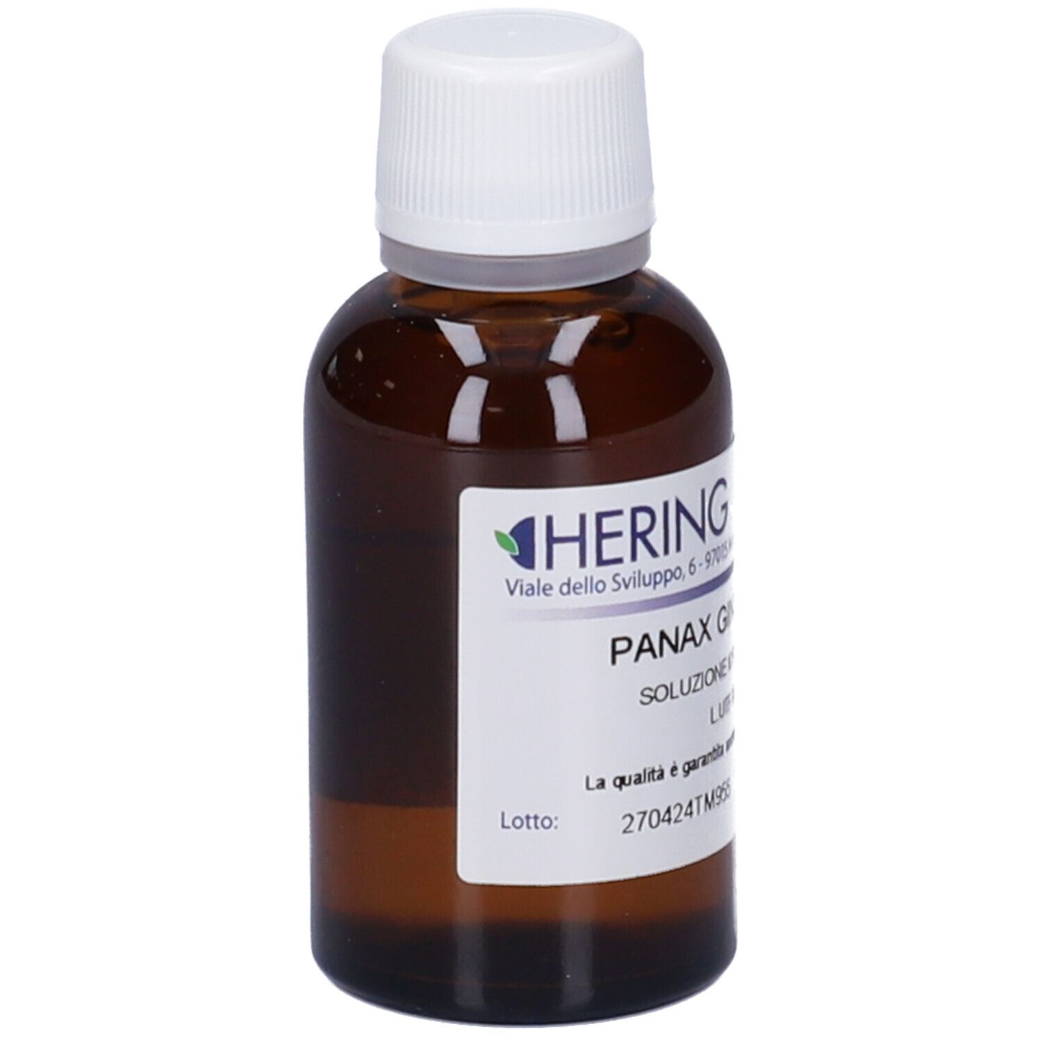 Flacone in vetro ambrato con tappo a vite bianco, etichetta 'PANAX GINSENG'.