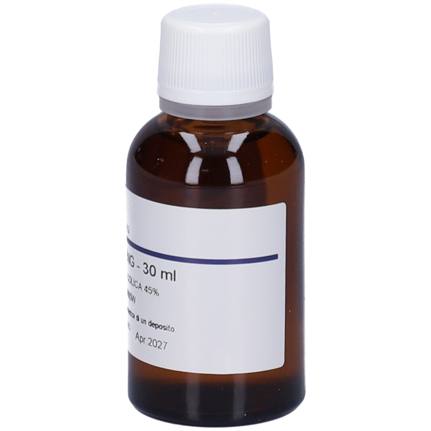 Flacone in vetro ambrato con tappo a vite bianco, etichetta 'PANAX GINSENG - 30 ml'.