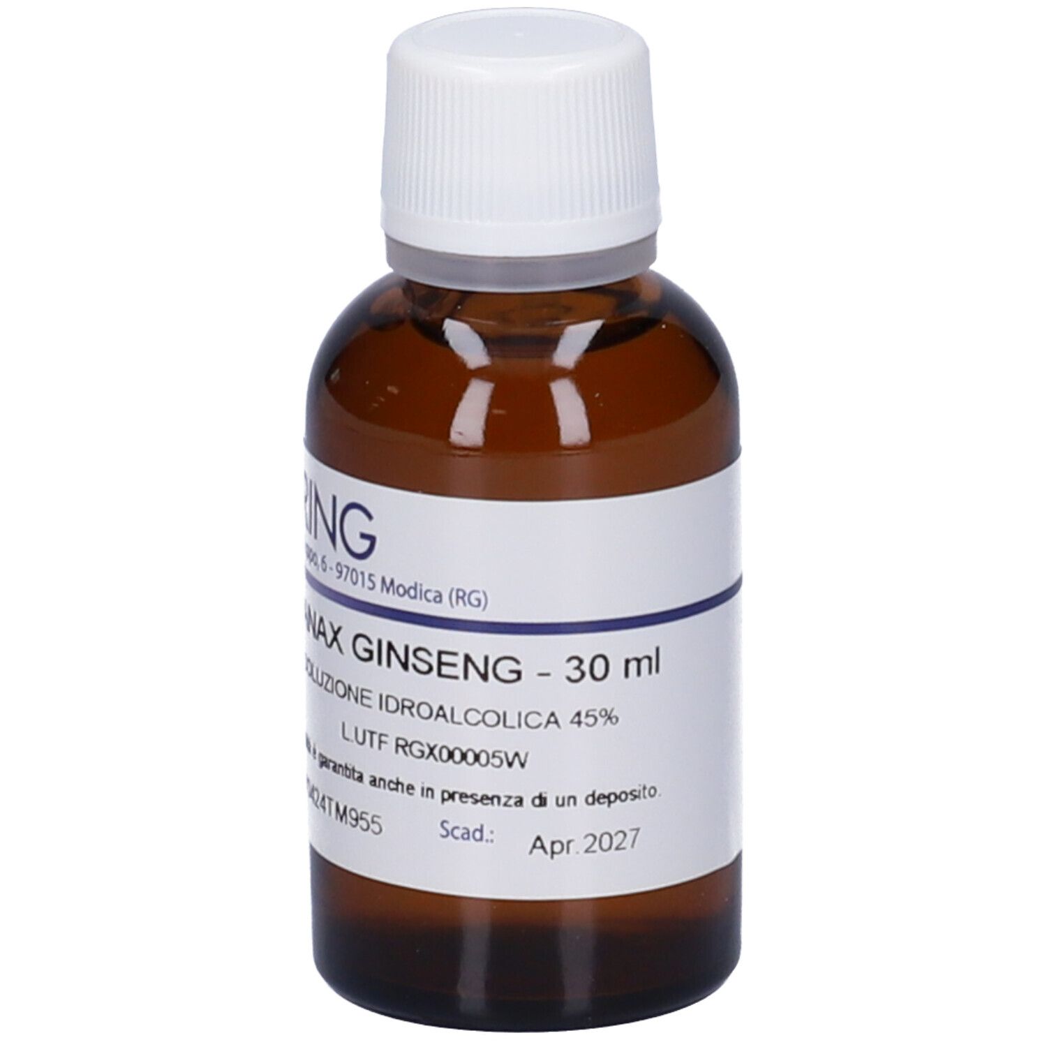 Flacone in vetro ambrato con tappo a vite bianco, etichetta 'PANAX GINSENG - 30 ml'.