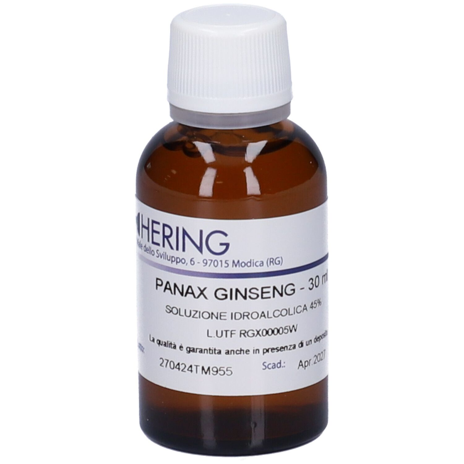 Flacone in vetro ambrato con tappo a vite bianco, etichetta 'PANAX GINSENG - 30 ml'.