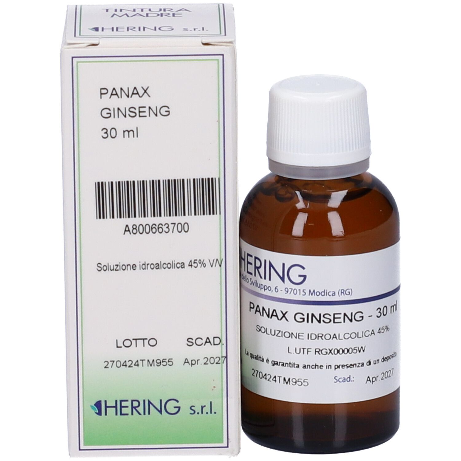 Flacone tintura ginseng e scatola, entrambi con 'PANAX GINSENG 30 ml'.