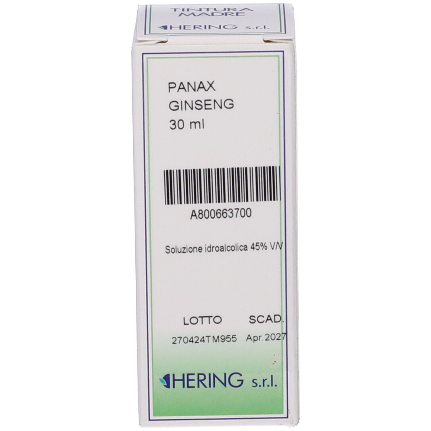 Scatola per tintura di ginseng, con 'PANAX GINSENG 30 ml'.