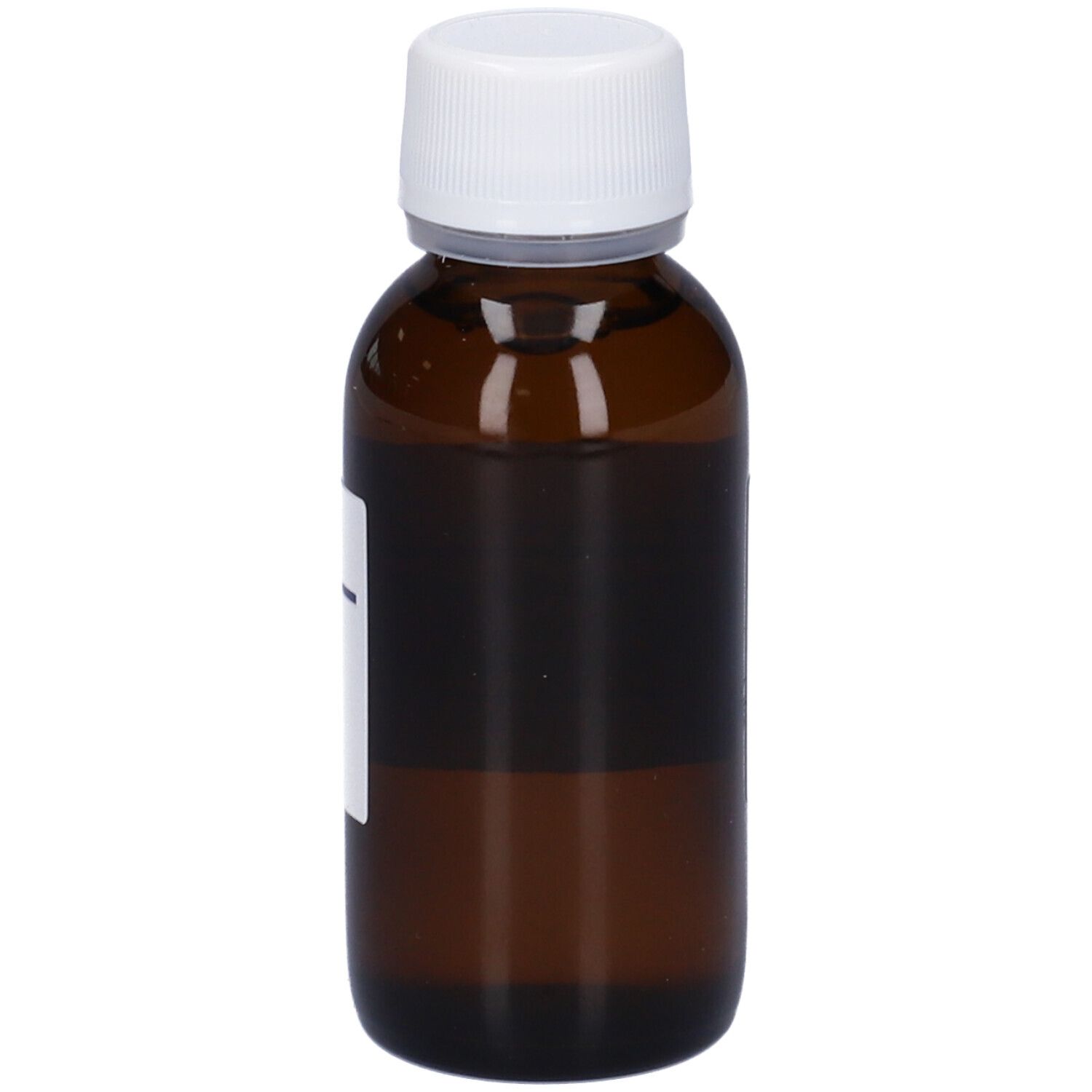 Flacone di vetro marrone con tappo bianco. Nessuna scritta visibile.