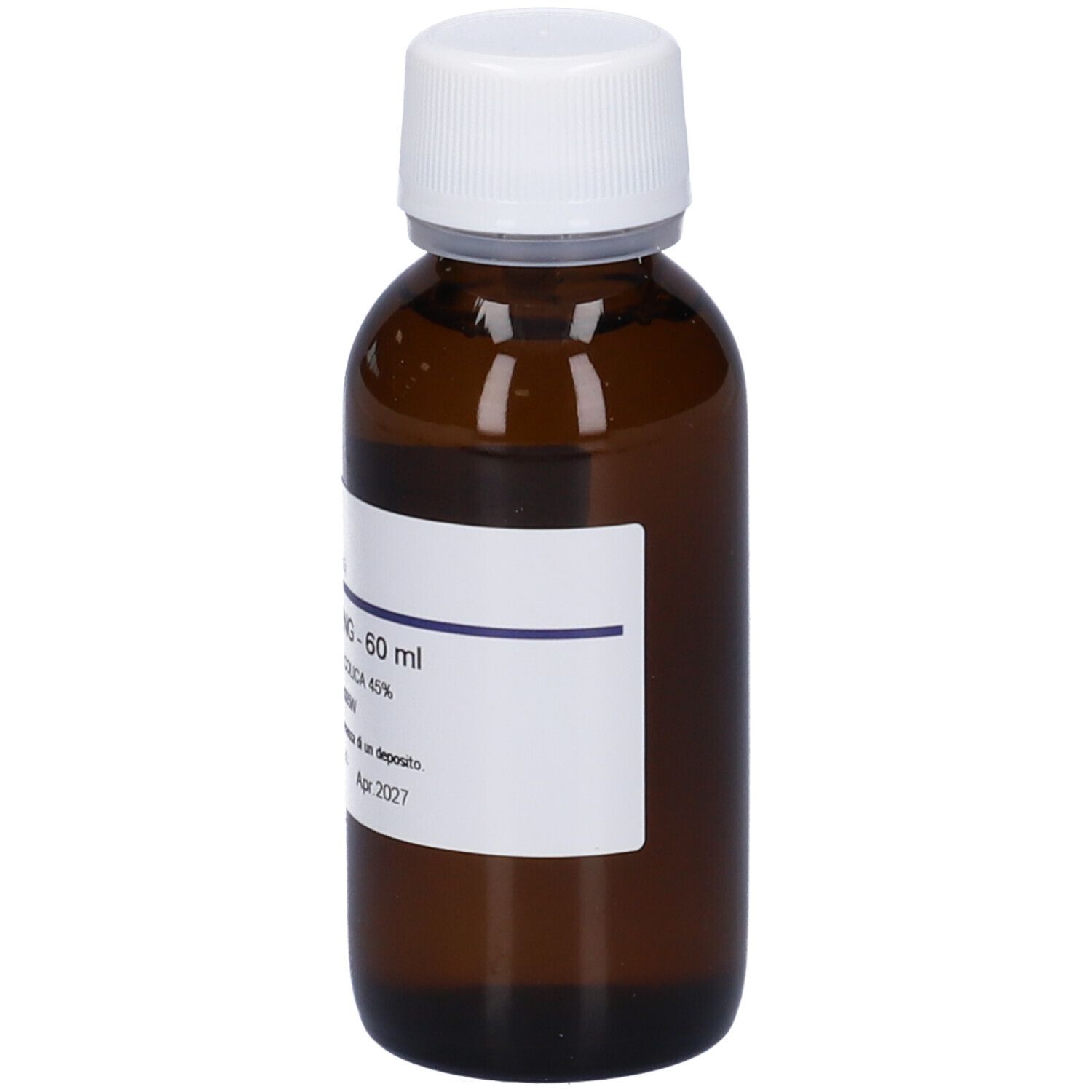 Flacone di vetro marrone con tappo bianco ed etichetta. Scritta: PANAX GINSENG - 60 ml, HERING.