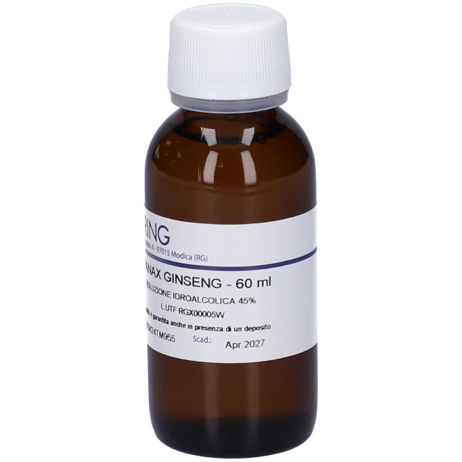 Flacone di vetro marrone con tappo bianco ed etichetta. Scritta: PANAX GINSENG - 60 ml, HERING.