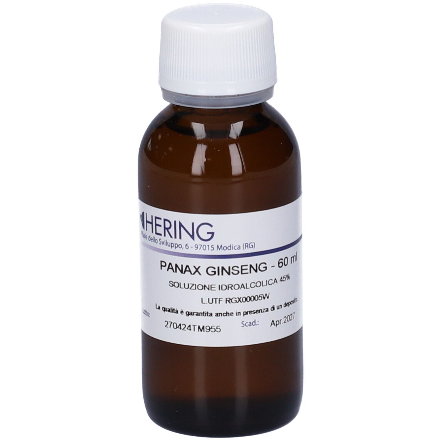 Flacone di vetro marrone con tappo bianco ed etichetta. Scritta: PANAX GINSENG - 60 ml, HERING.
